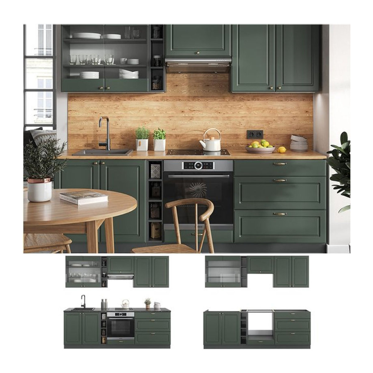 Vicco Küchenzeile Fame-Line Landhaus in Anthrazit und Grün mit Gold-Elementen, Breite: 235 cm - Bild 1