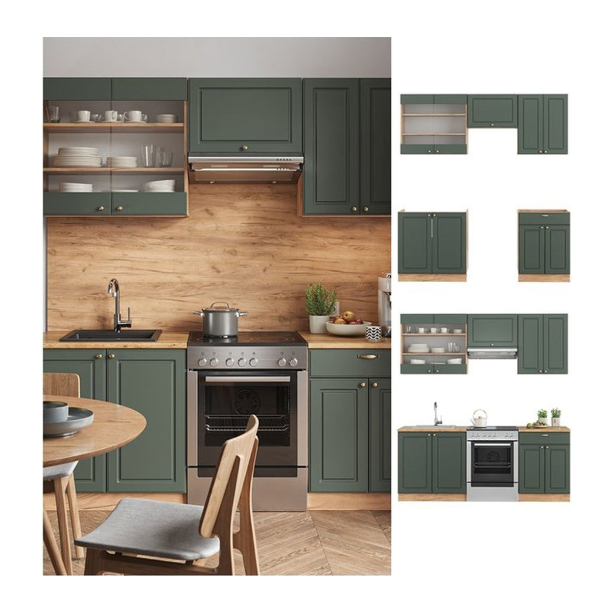 Vicco Küchenzeile Fame-Line Landhaus in Eiche Grün Gold mit 200 cm Breite - Bild 1