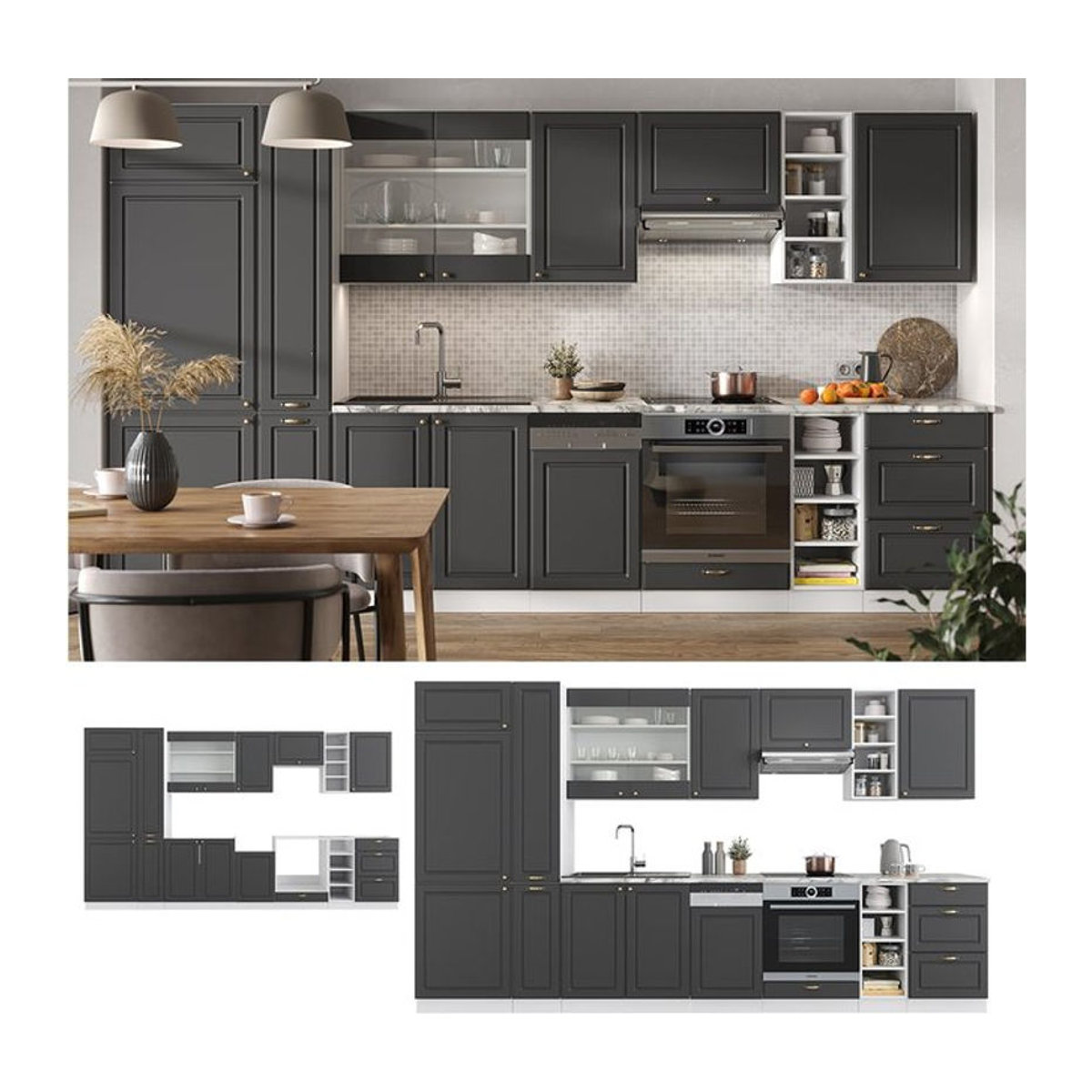 Vicco Küchenzeile Fame-Line Landhaus in Weiß Anthrazit Gold mit 355 cm Breite - Bild 1