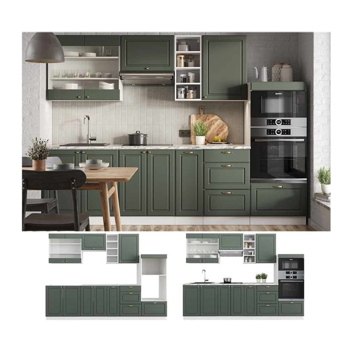 Vicco Küchenzeile Fame-Line Landhaus in Weiß Grün Gold mit 280 cm Breite - Bild 1