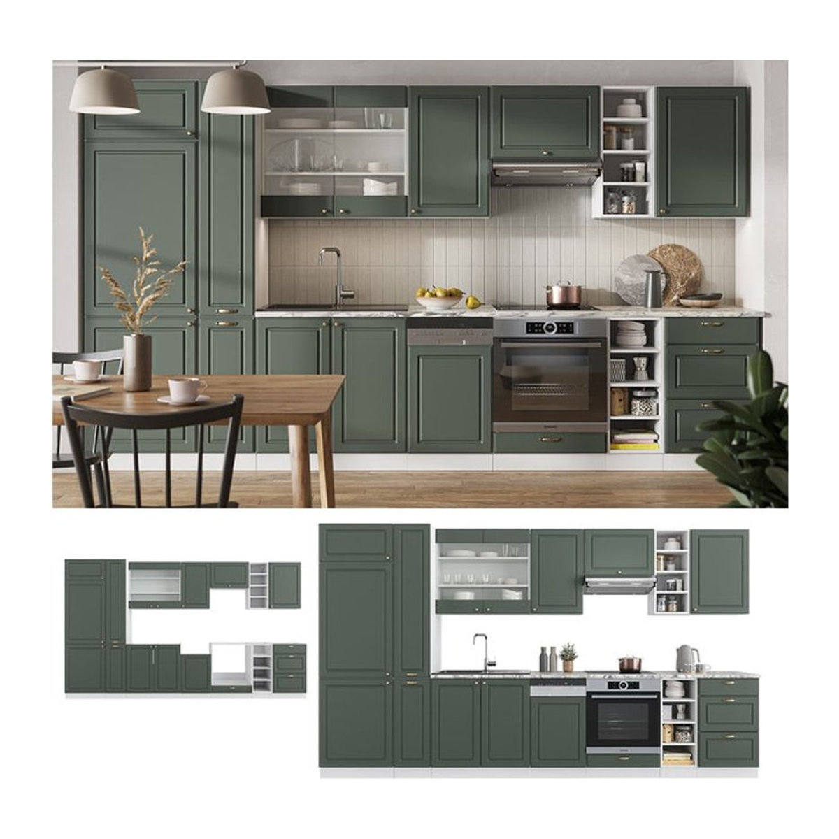 Vicco Küchenzeile Fame-Line Landhaus in Weiß Grün Gold mit 355 cm Breite - Bild 1