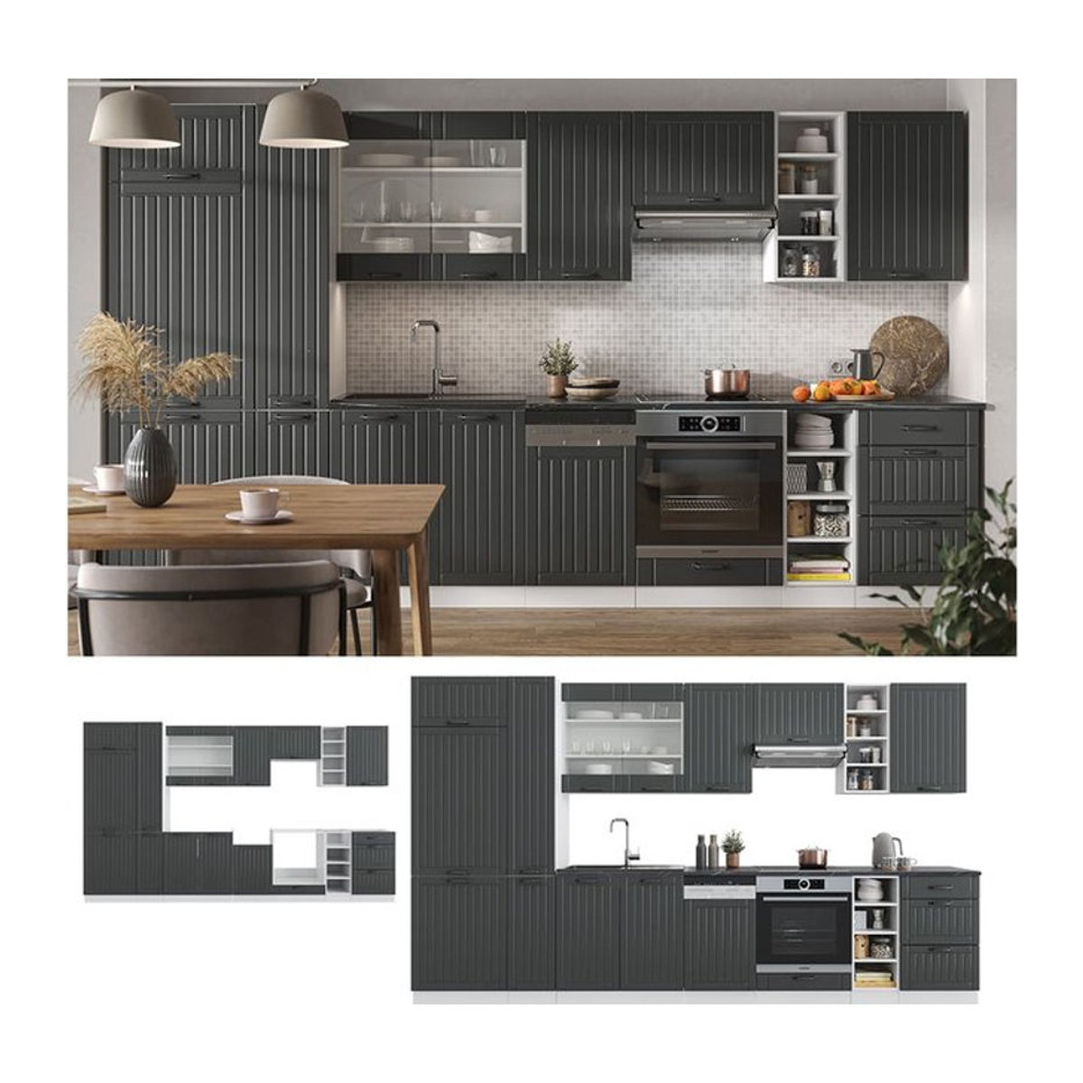 Vicco Küchenzeile Fame-Line Landhaus in Weiß und Grau mit 355 cm Breite - Bild 1