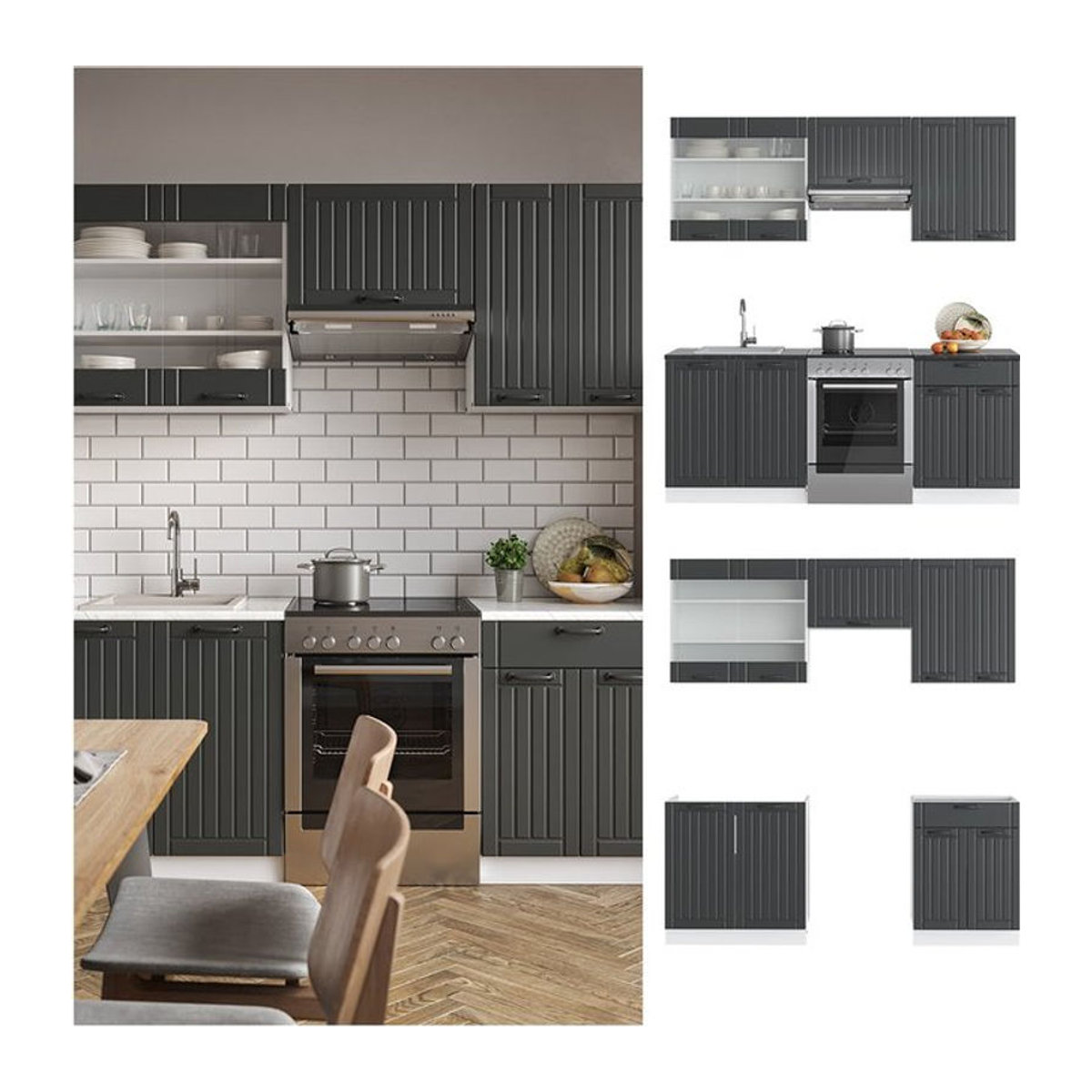 Vicco Küchenzeile Fame-Line Landhaus Küchenblock in Anthrazit und Weiß mit 200 cm Breite - Bild 1