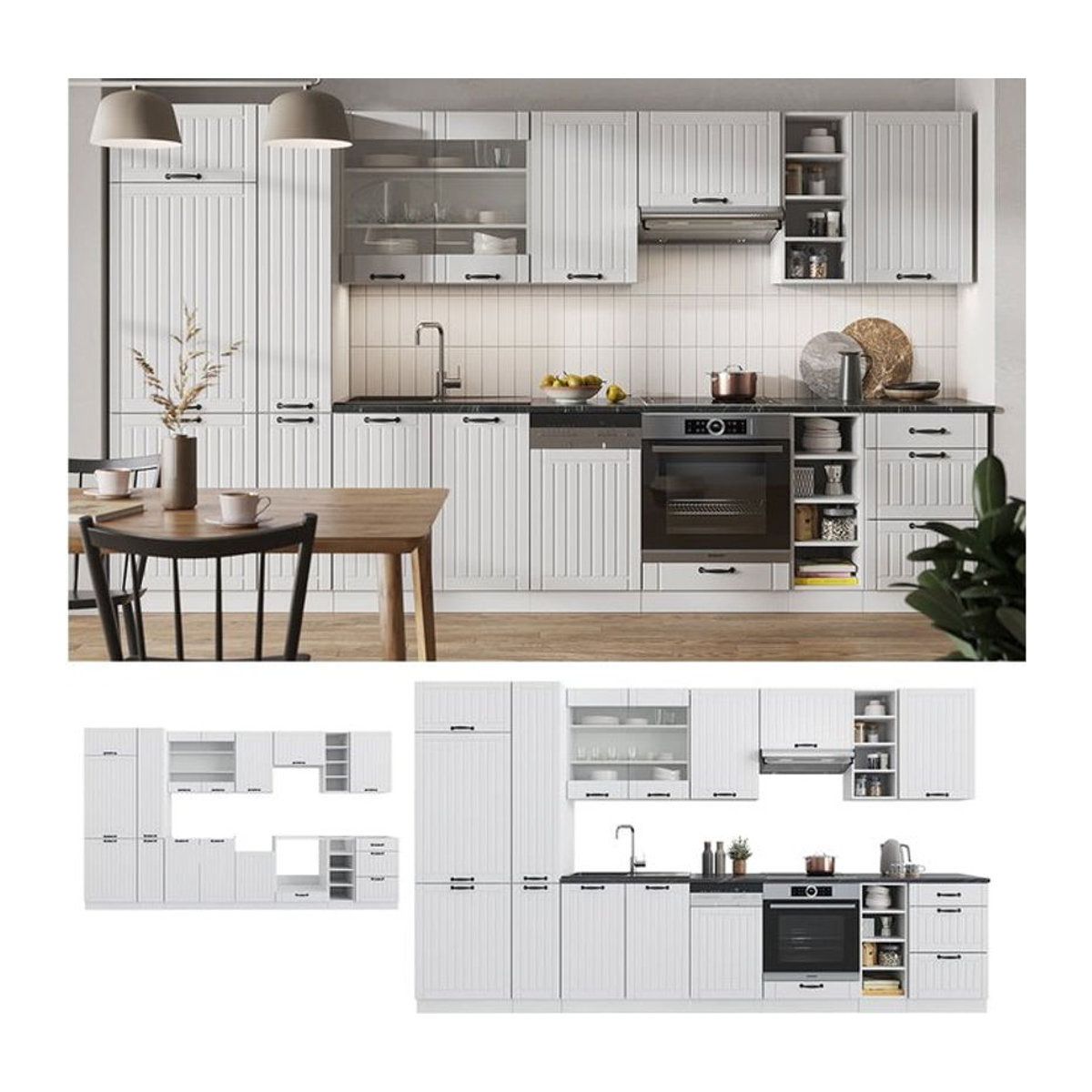 Vicco Küchenzeile Fame-Line Landhaus Weiß 355 cm mit Drehtüren - Bild 1