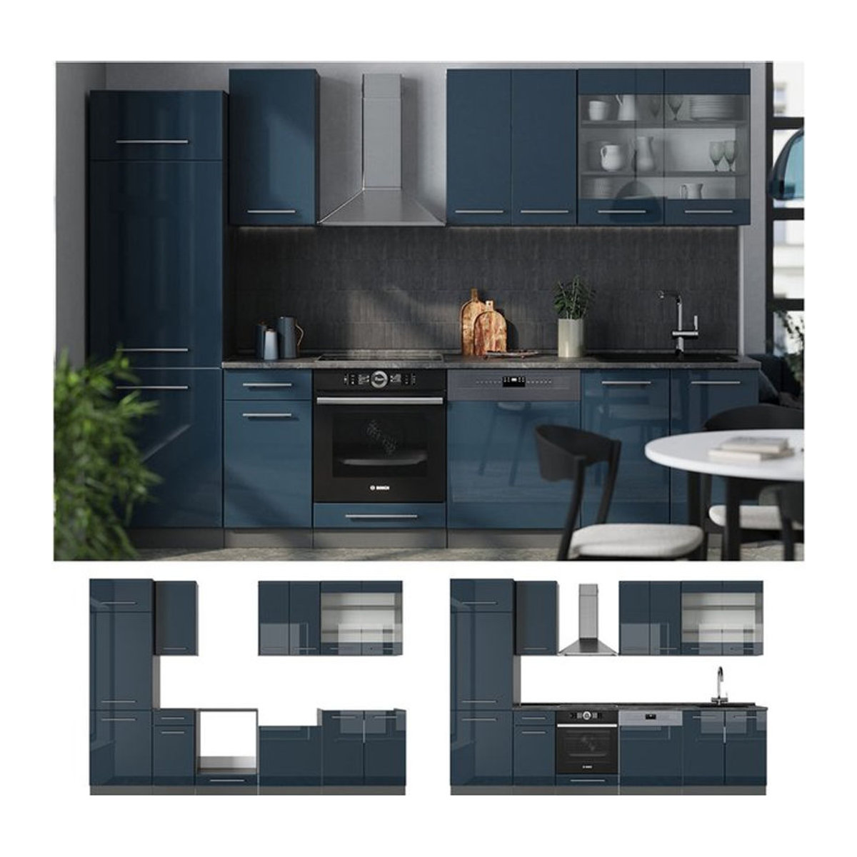Vicco Küchenzeile Fame-Line Modern in Anthrazit und Dunkelblau Hochglanz mit 300 cm Breite ohne Arbeitsplatte - Bild 1