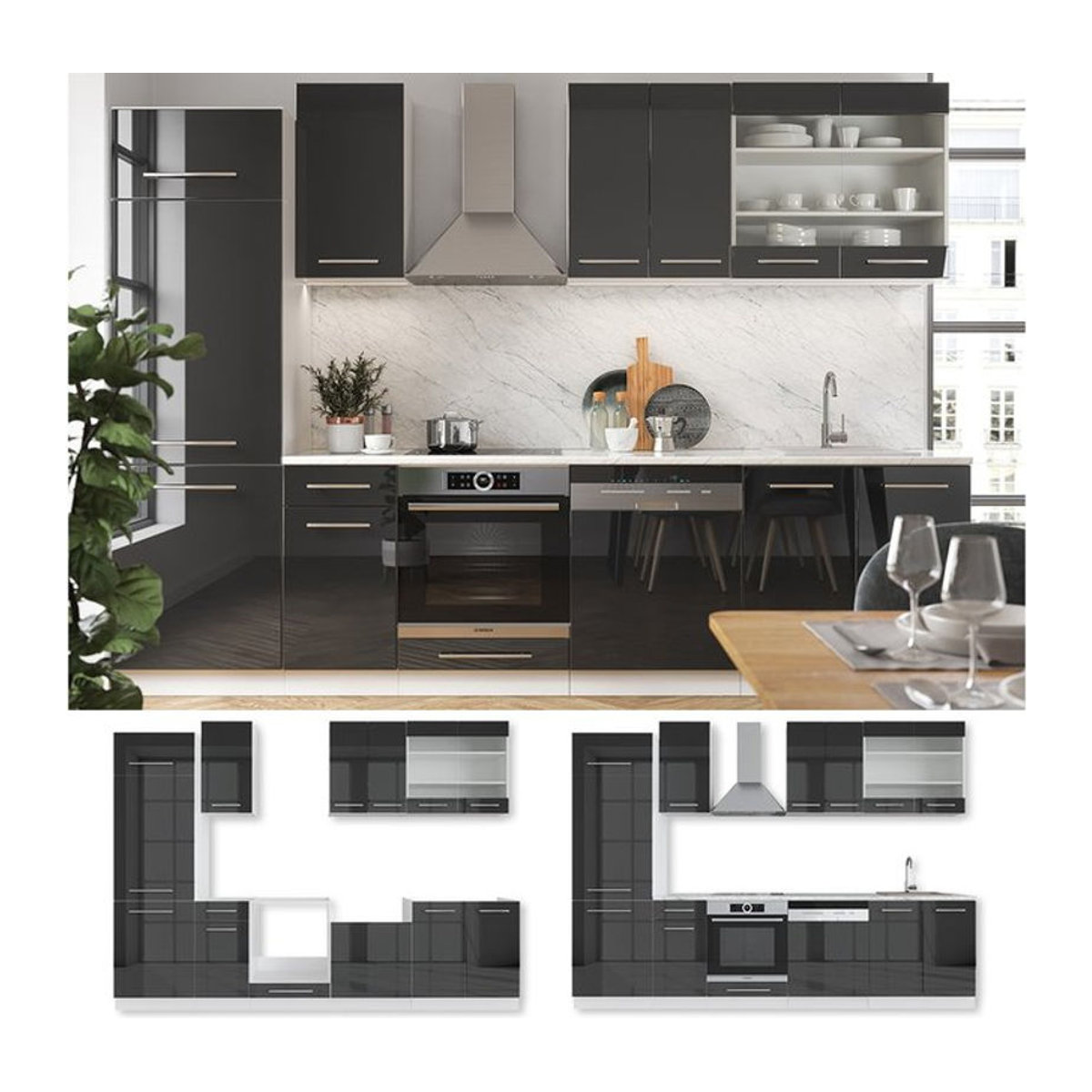 Vicco Küchenzeile Fame-Line Modern in Anthrazit und Grau mit Drehtüren, Breite: 240 cm - Bild 1