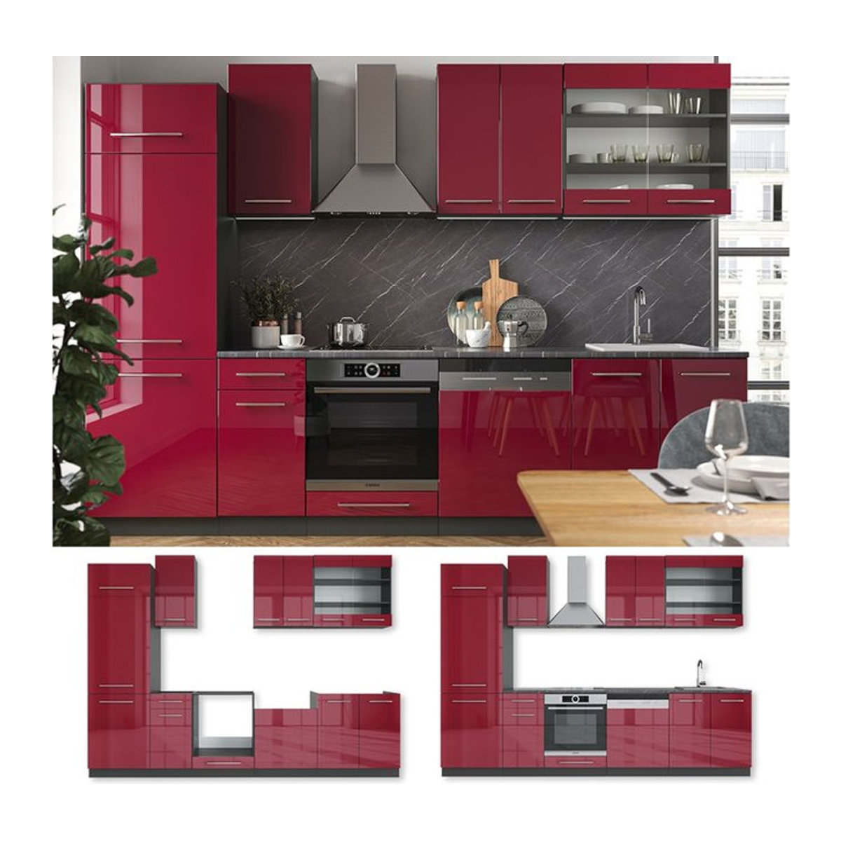 Vicco Küchenzeile Fame-Line Modern in Bordeaux Hochglanz mit Drehtüren, Breite: 300 cm - Bild 1