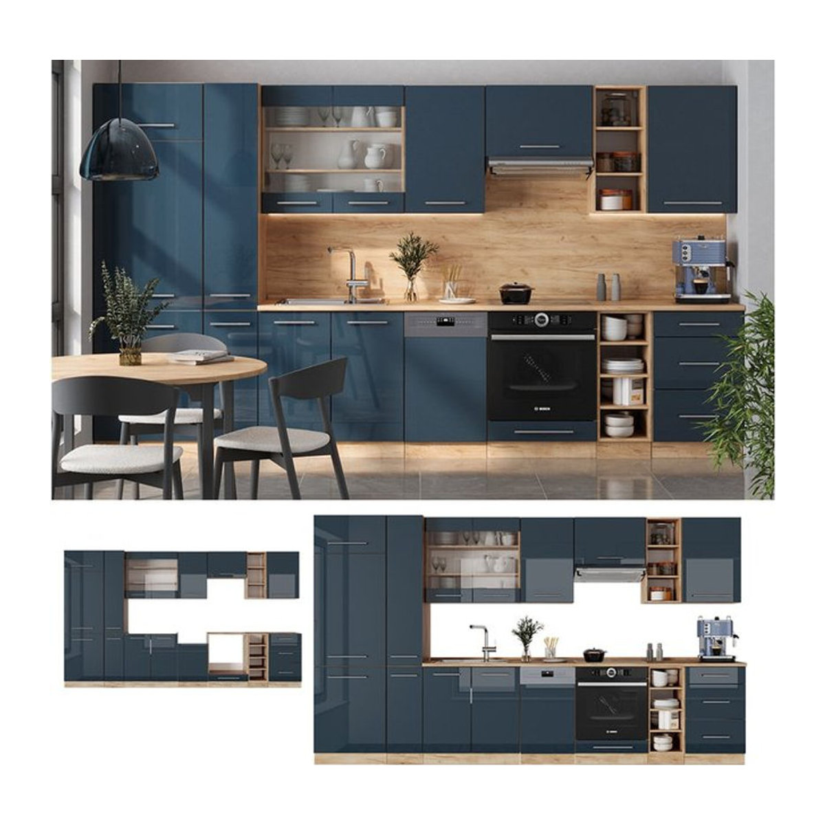 Vicco Küchenzeile Fame-Line Modern in Eiche Dunkelblau Hochglanz mit Arbeitsplatte in Anthrazit Breite: 355 cm - Bild 1
