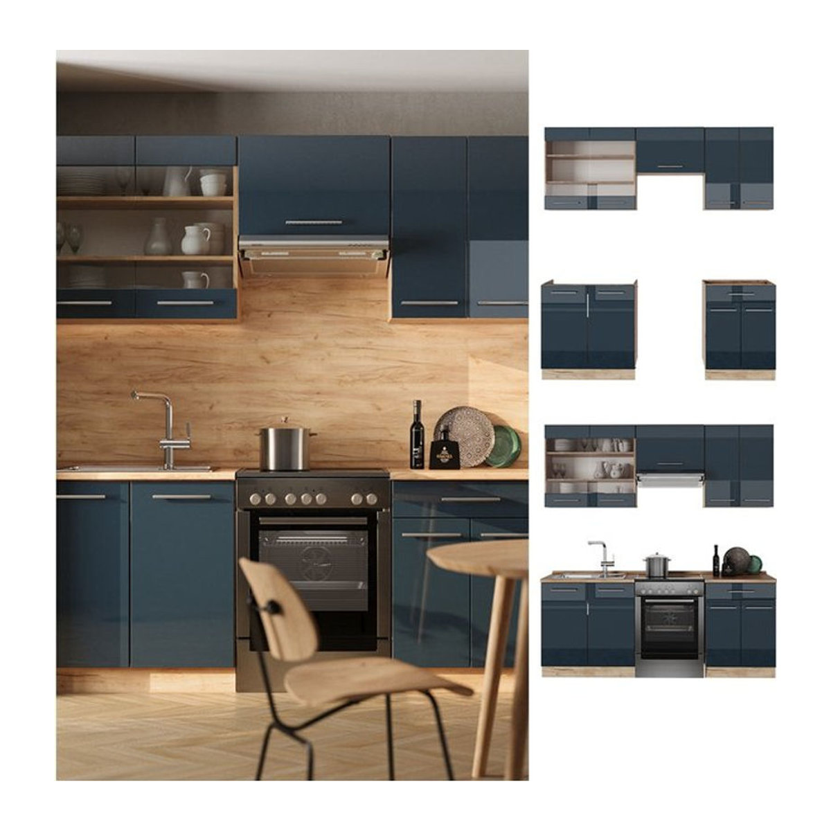 Vicco Küchenzeile Fame-Line Modern in Eiche Natur und Dunkelblau Hochglanz mit 200 cm Breite ohne Arbeitsplatte - Bild 1