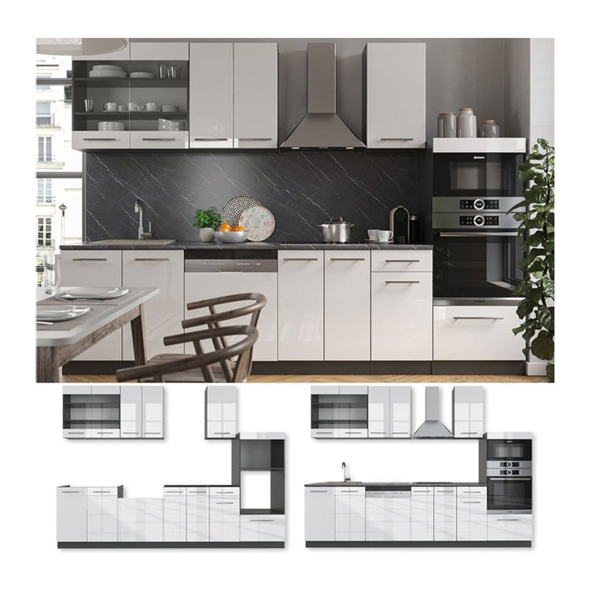 Vicco Küchenzeile Fame-Line Modern in Weiß Hochglanz mit Drehtüren, Breite: 240 cm - Bild 1