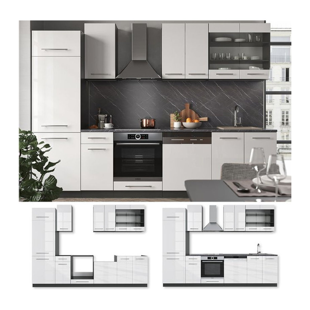 Vicco Küchenzeile Fame-Line Modern in Weiß Hochglanz und Anthrazit, Breite: 300 cm - Bild 1