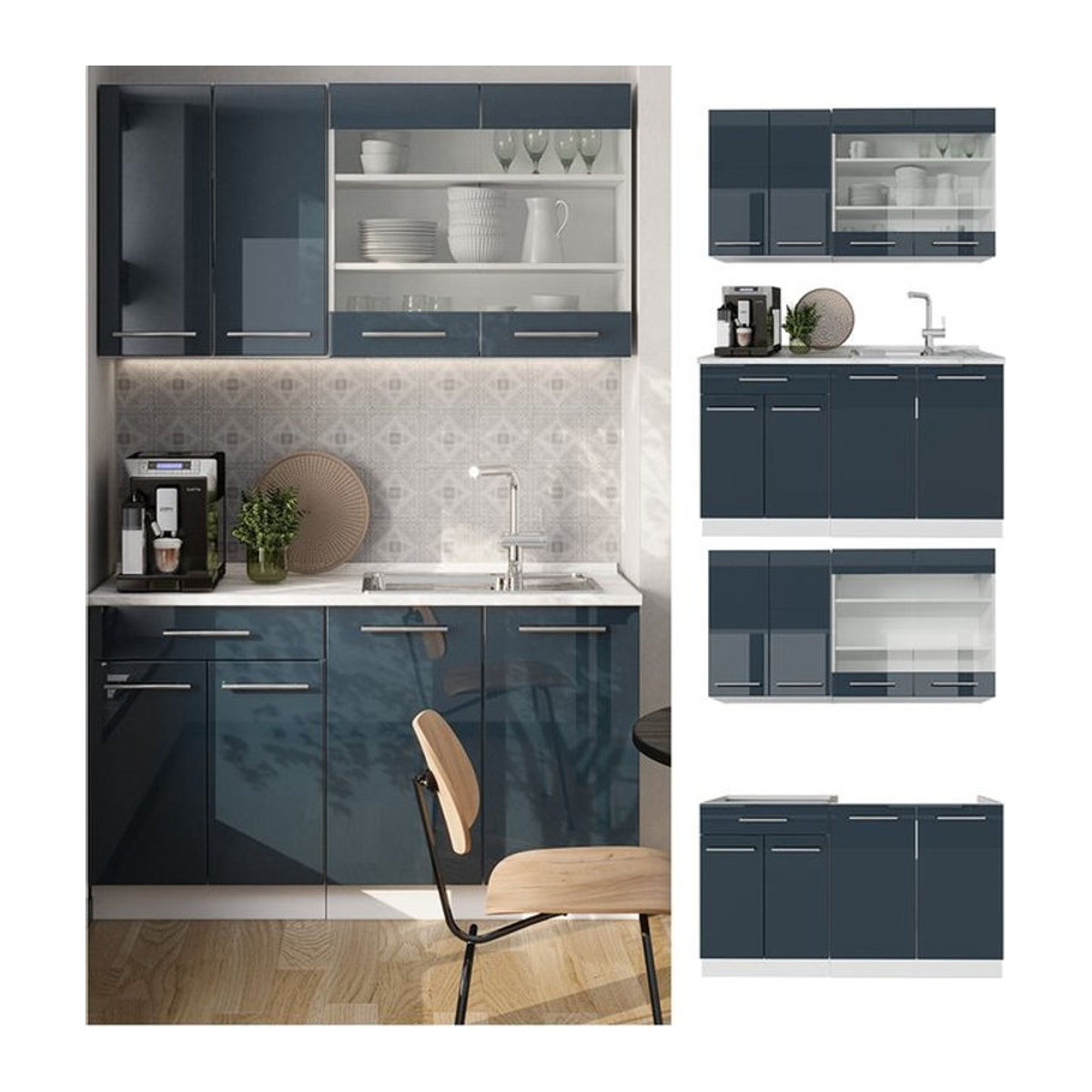 Vicco Küchenzeile Fame-Line Modern in Weiß und Dunkelblau Hochglanz mit 140 cm Breite ohne Arbeitsplatte - Bild 1