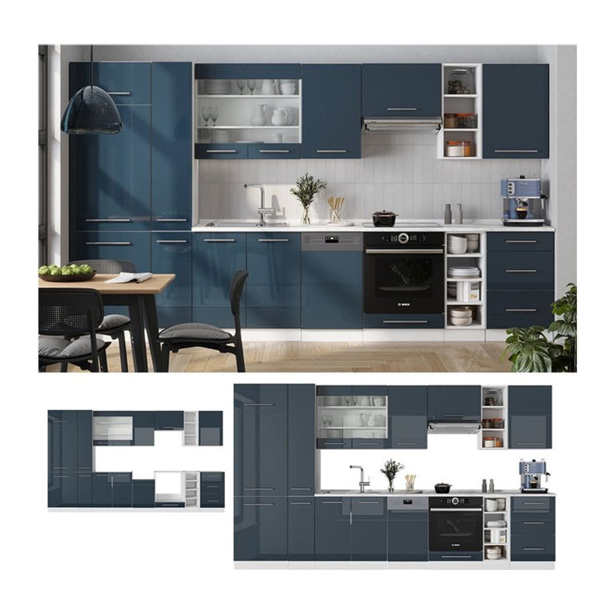 Vicco Küchenzeile Fame-Line Modern in Weiß und Dunkelblau Hochglanz mit 355 cm Breite ohne Arbeitsplatte - Bild 1