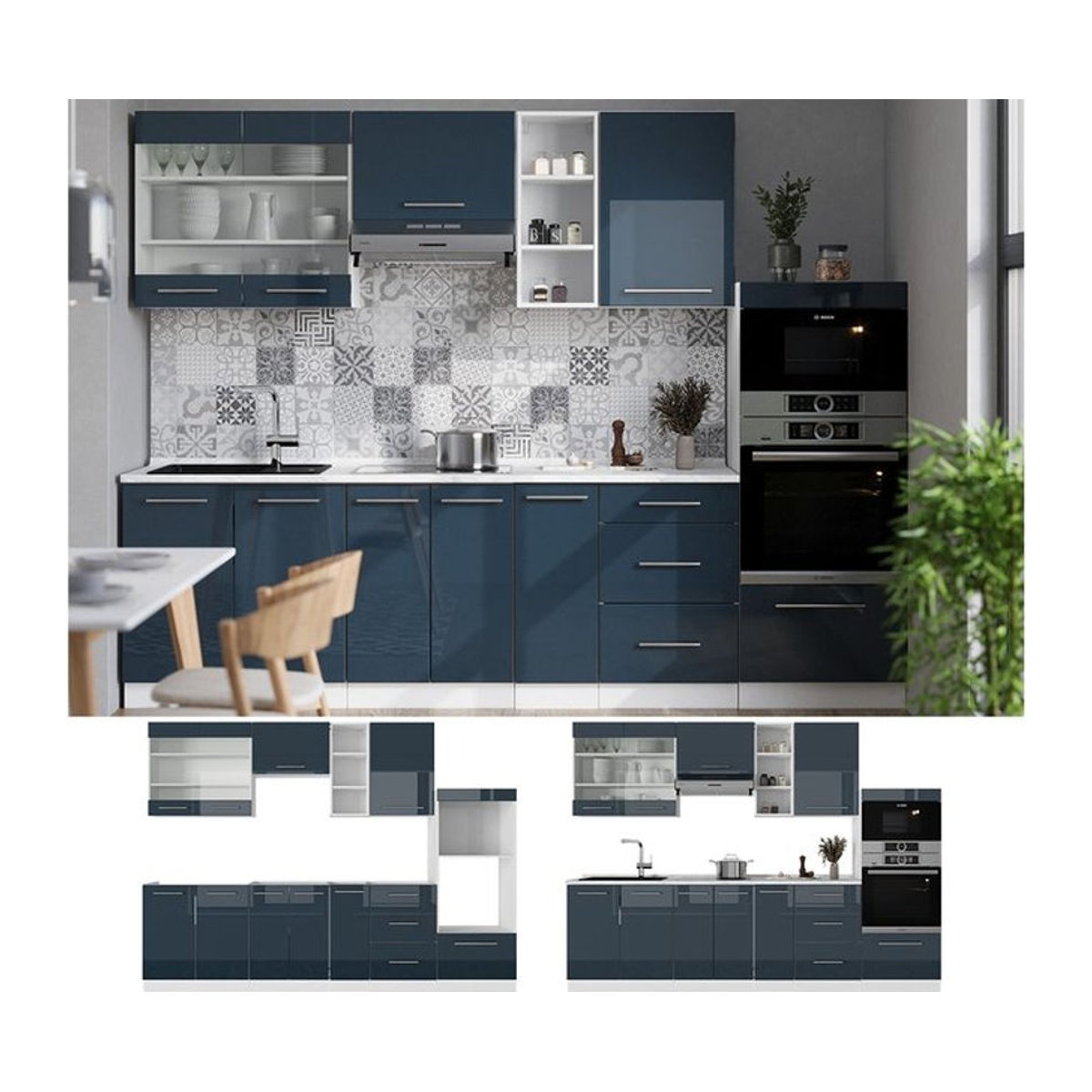 Vicco Küchenzeile Fame-Line Modern in Weiß und Dunkelblau Hochglanz mit Arbeitsplatte in Anthrazit, Breite: 280 cm - Bild 1