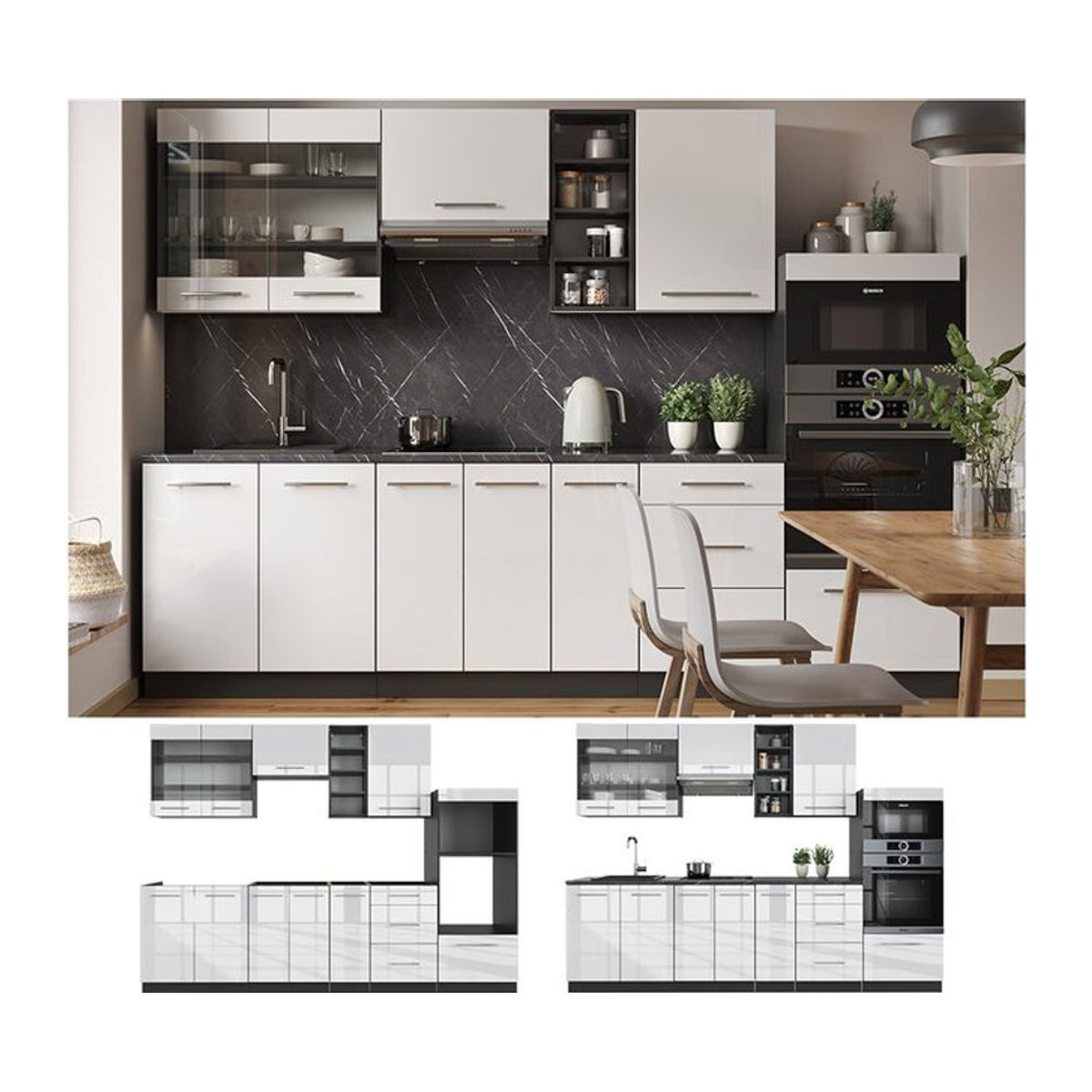 Vicco Küchenzeile Fame-Line Moderne Einbauküche in Weiß Hochglanz mit Drehtüren Breite: 280 cm - Bild 1