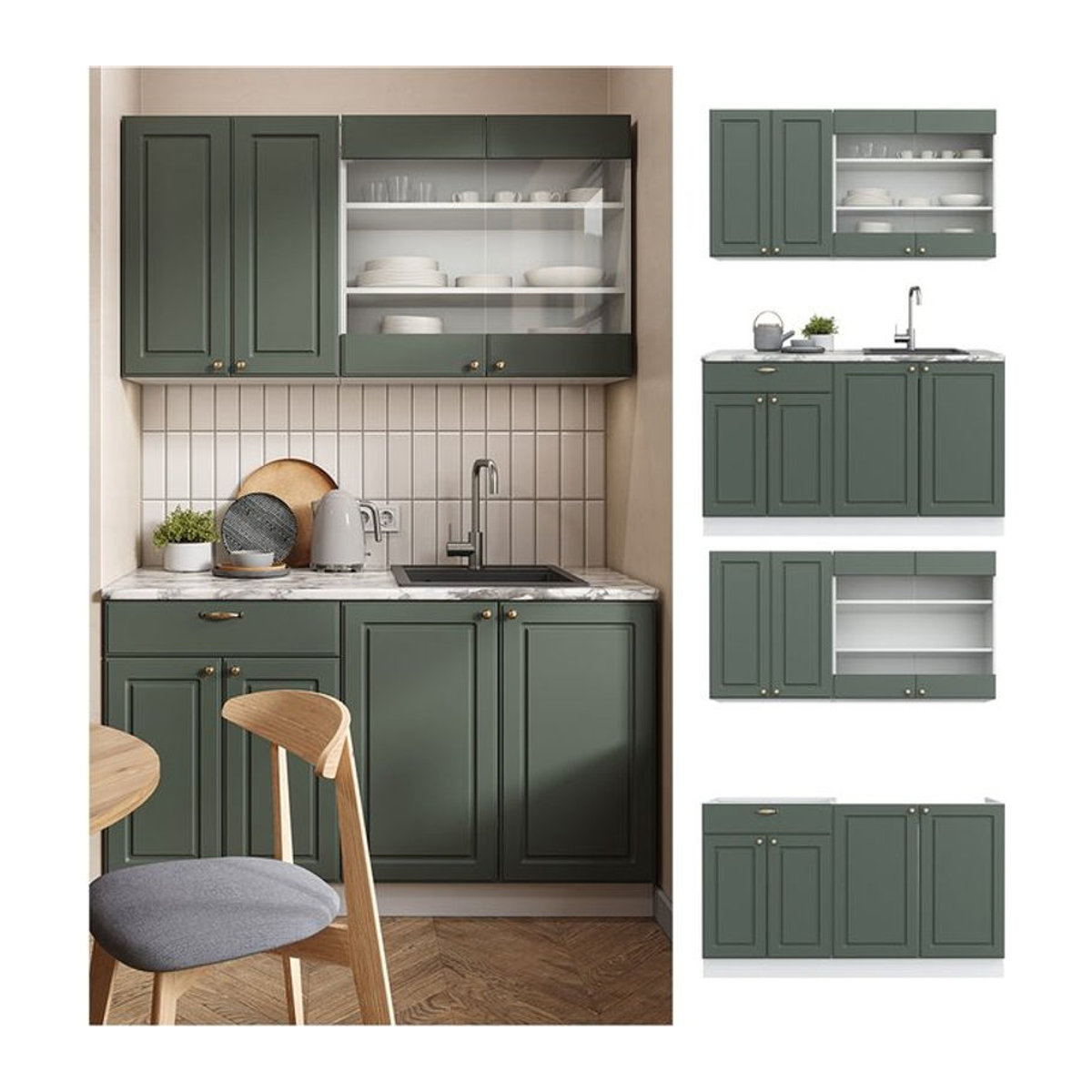 Vicco Küchenzeile Fame-Line Single Einbauküche im Landhausstil, Weiß Grün Gold, Breite: 140 cm - Bild 1