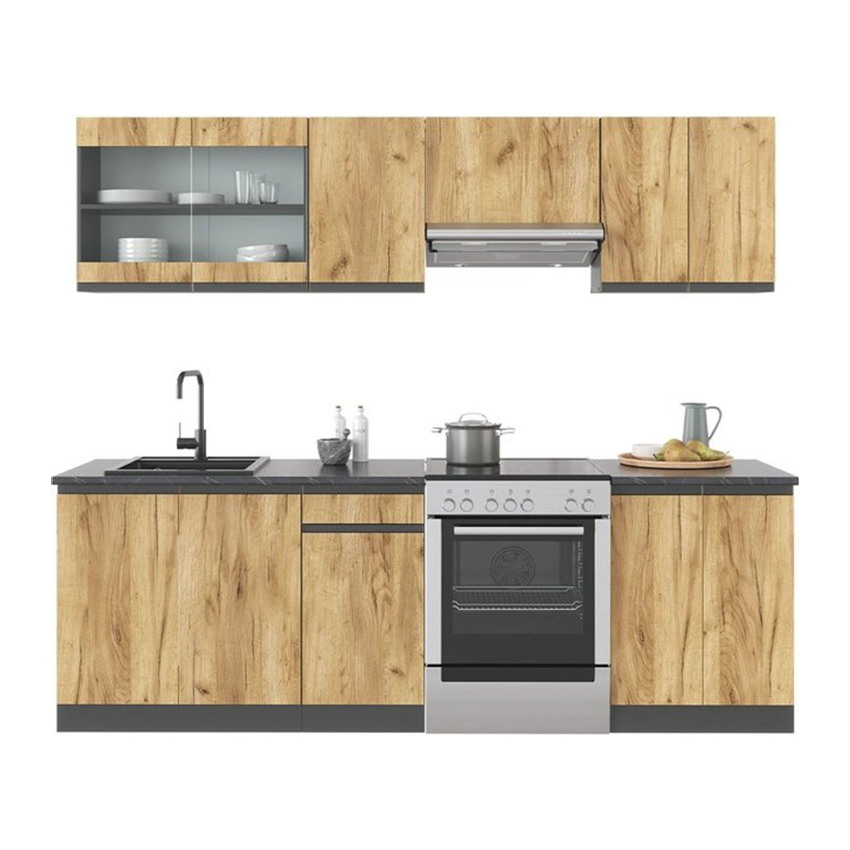 Vicco Küchenzeile J-Shape Raul Einbauküche Modern in Anthrazit und Eiche Natur, Breite: 240 cm - Bild 1