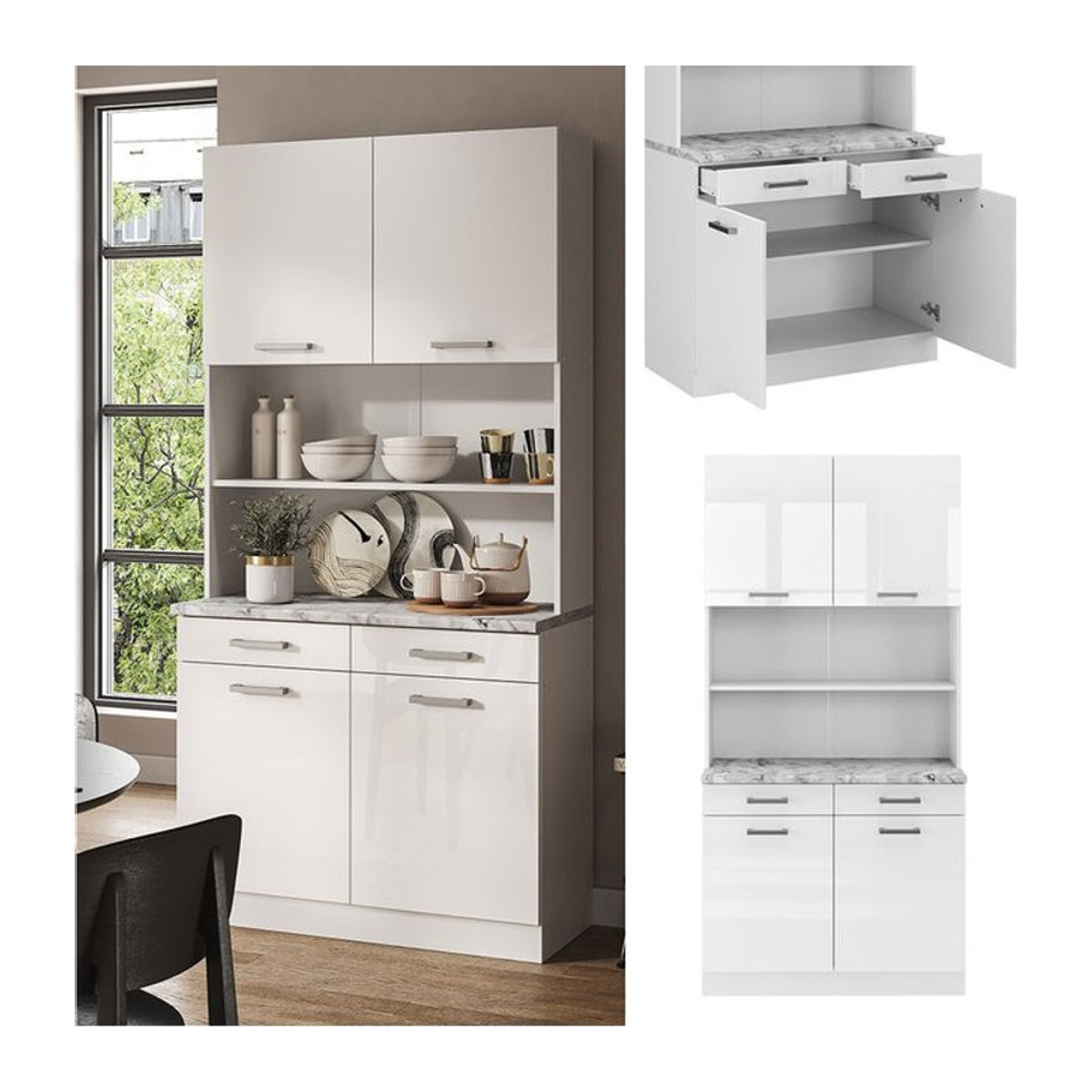 Vicco Küchenzeile R-Line Buffetküche in Weiß Hochglanz mit Marmor-Optik, Breite: 100 cm, Höhe: 206,8 cm, Tiefe: 60 cm - Bild 1