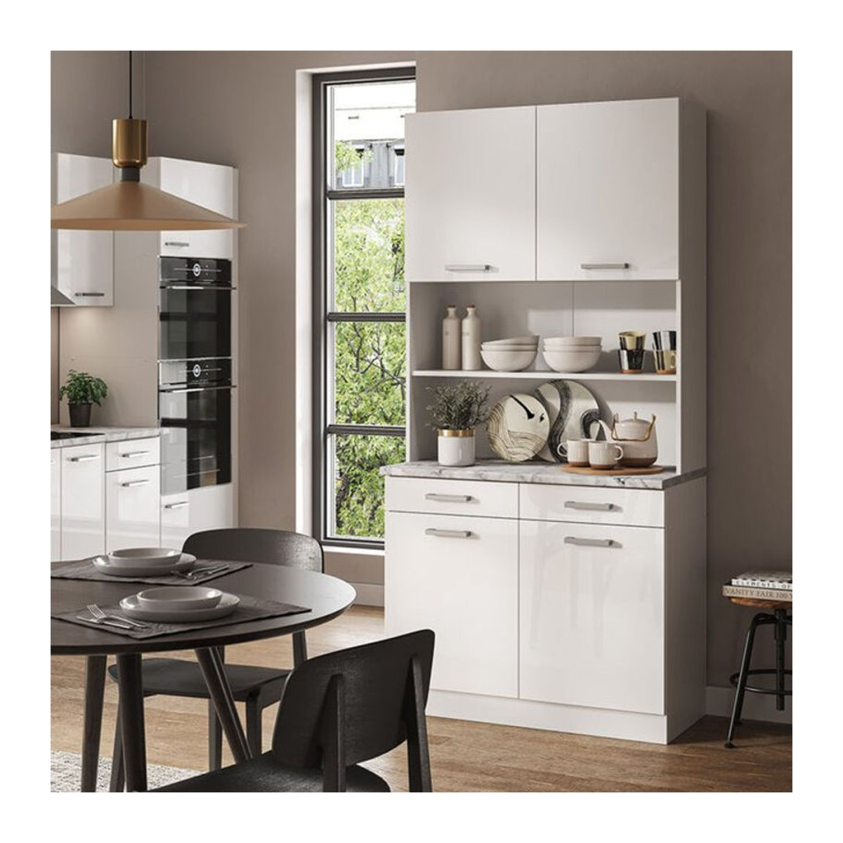 Vicco Küchenzeile R-Line Buffetküche in Weiß Hochglanz mit Marmor-Optik, Breite: 100 cm, Höhe: 206,8 cm, Tiefe: 60 cm - Bild 2