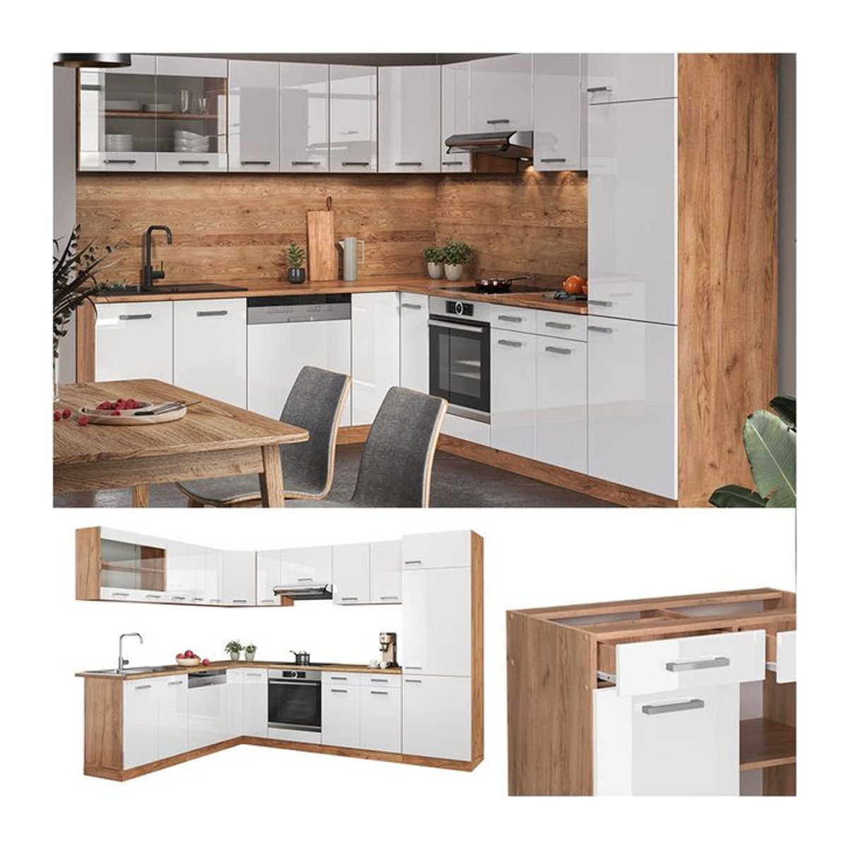 Vicco Küchenzeile R-Line Eckküche in Weiß mit Drehtüren, B: 287 cm - Bild 1