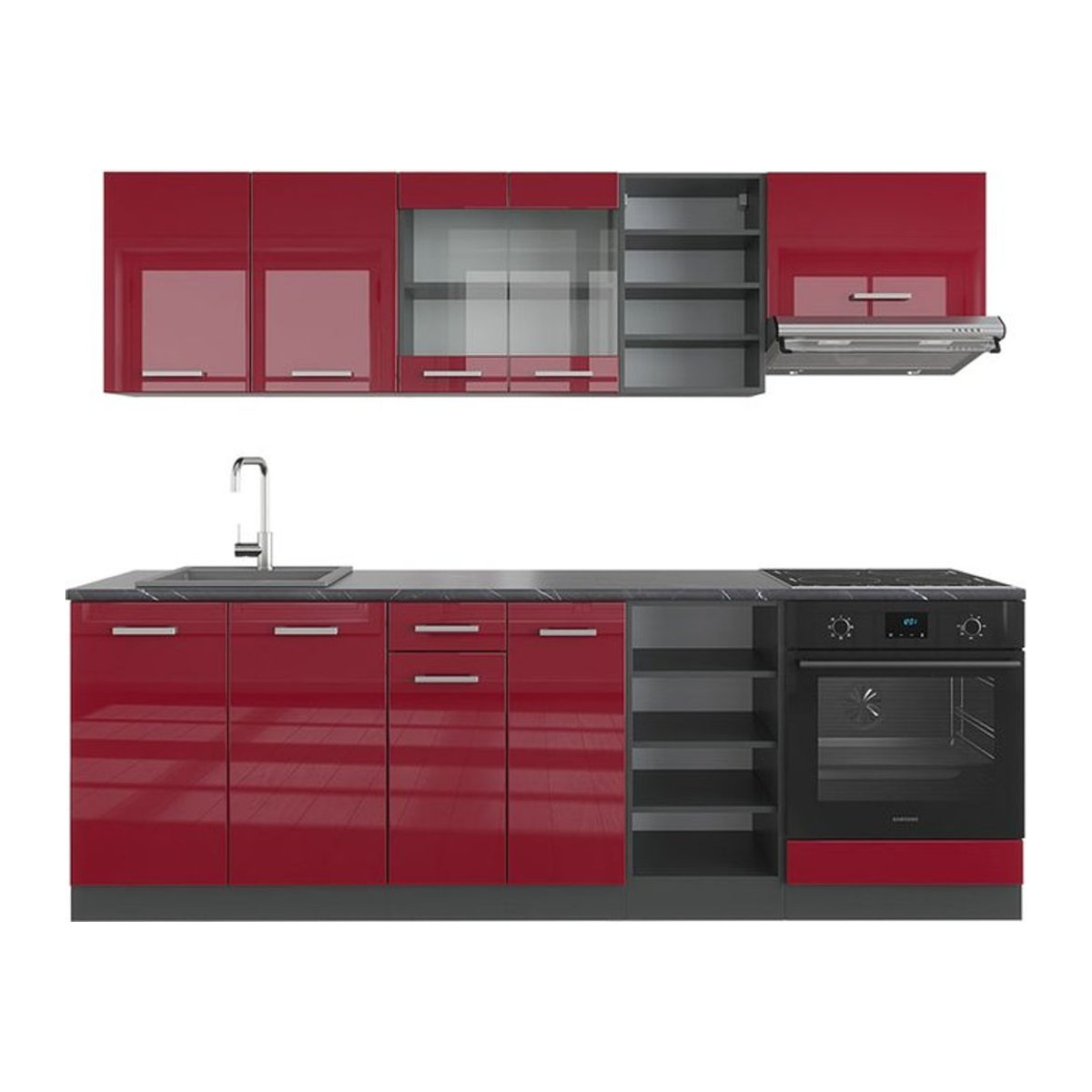 Vicco Küchenzeile R-Line Einbauküche in Anthrazit und Bordeaux Hochglanz mit Drehtüren, Breite: 240 cm - Bild 1