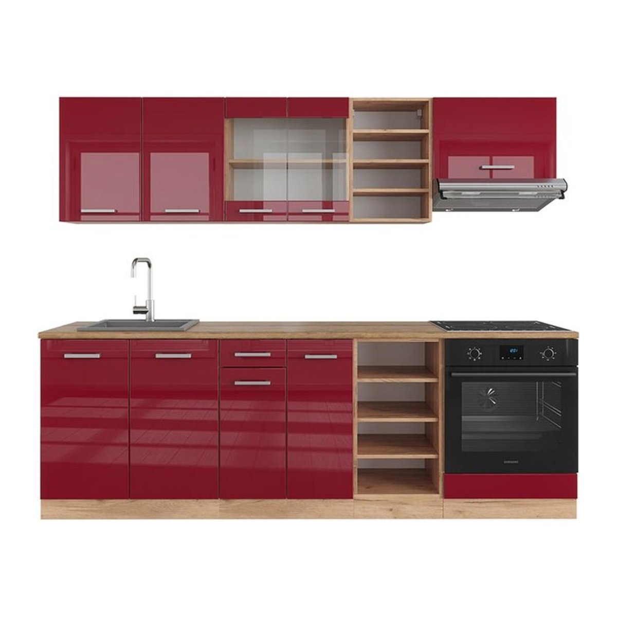 Vicco Küchenzeile R-Line Einbauküche in Bordeaux Hochglanz und Eiche Natur, Breite: 240 cm - Bild 1