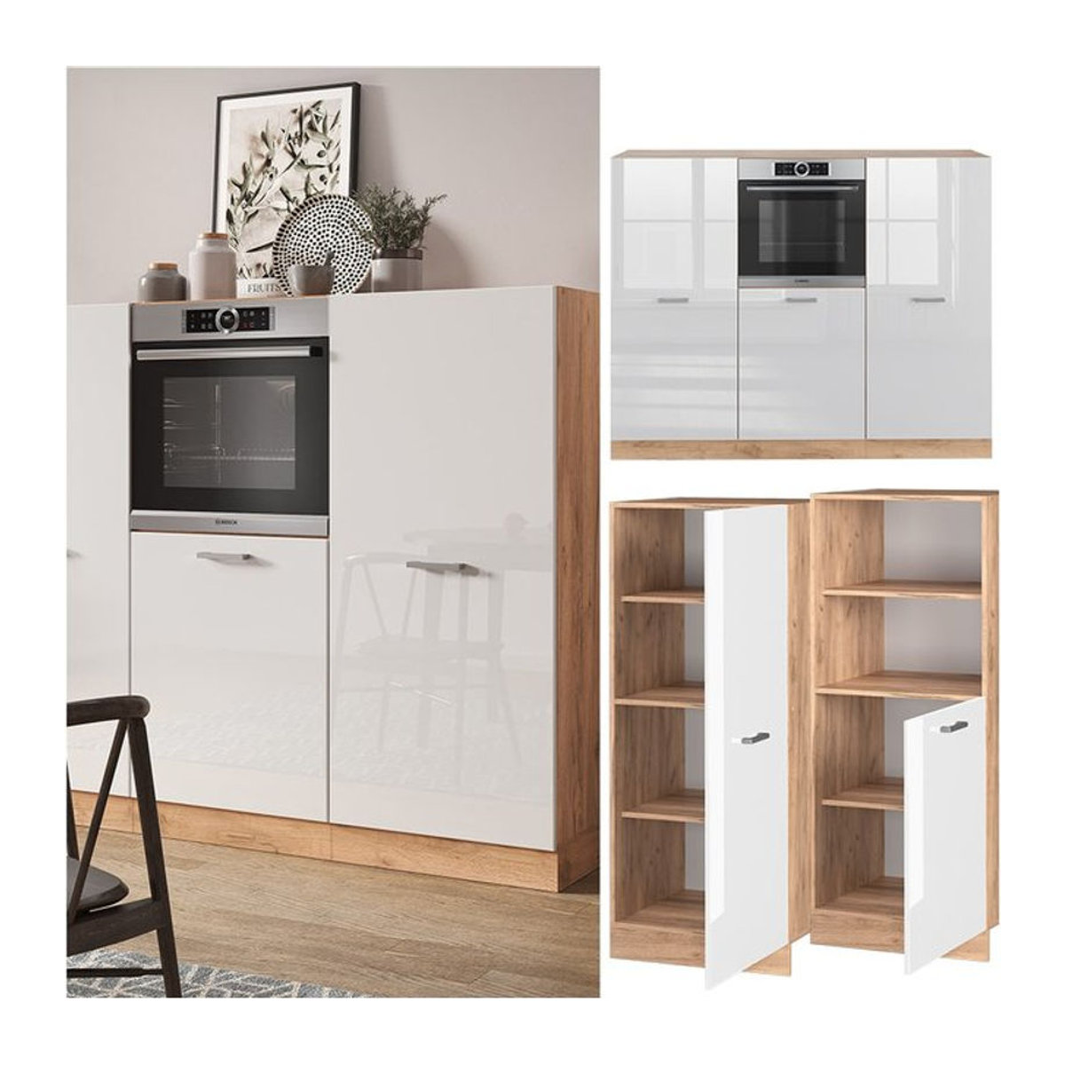 Vicco Küchenzeile R-Line Einbauküche in Eiche Natur und Weiß Hochglanz mit Drehtüren - Bild 1