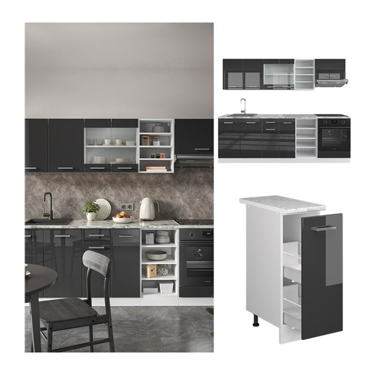 Vicco Küchenzeile R-Line Einbauküche in Weiß und Anthrazit mit Hochglanz-Arbeitsplatte, Breite: 240 cm - Bild 1