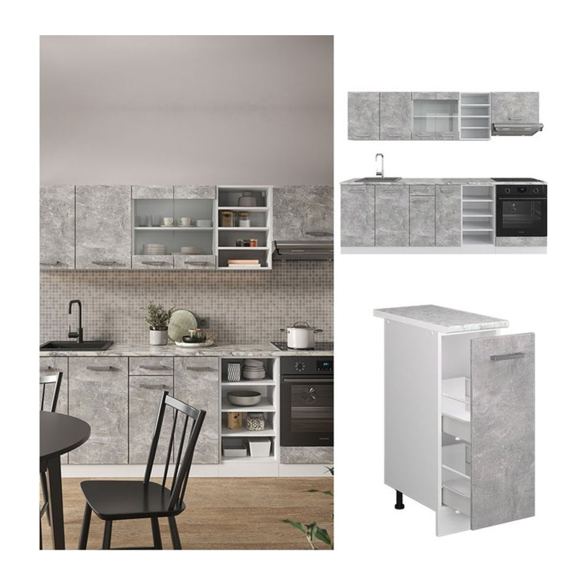 Vicco Küchenzeile R-Line Einbauküche in Weiß und Grau mit Beton Arbeitsplatte und Drehtüren, Breite: 240 cm - Bild 1
