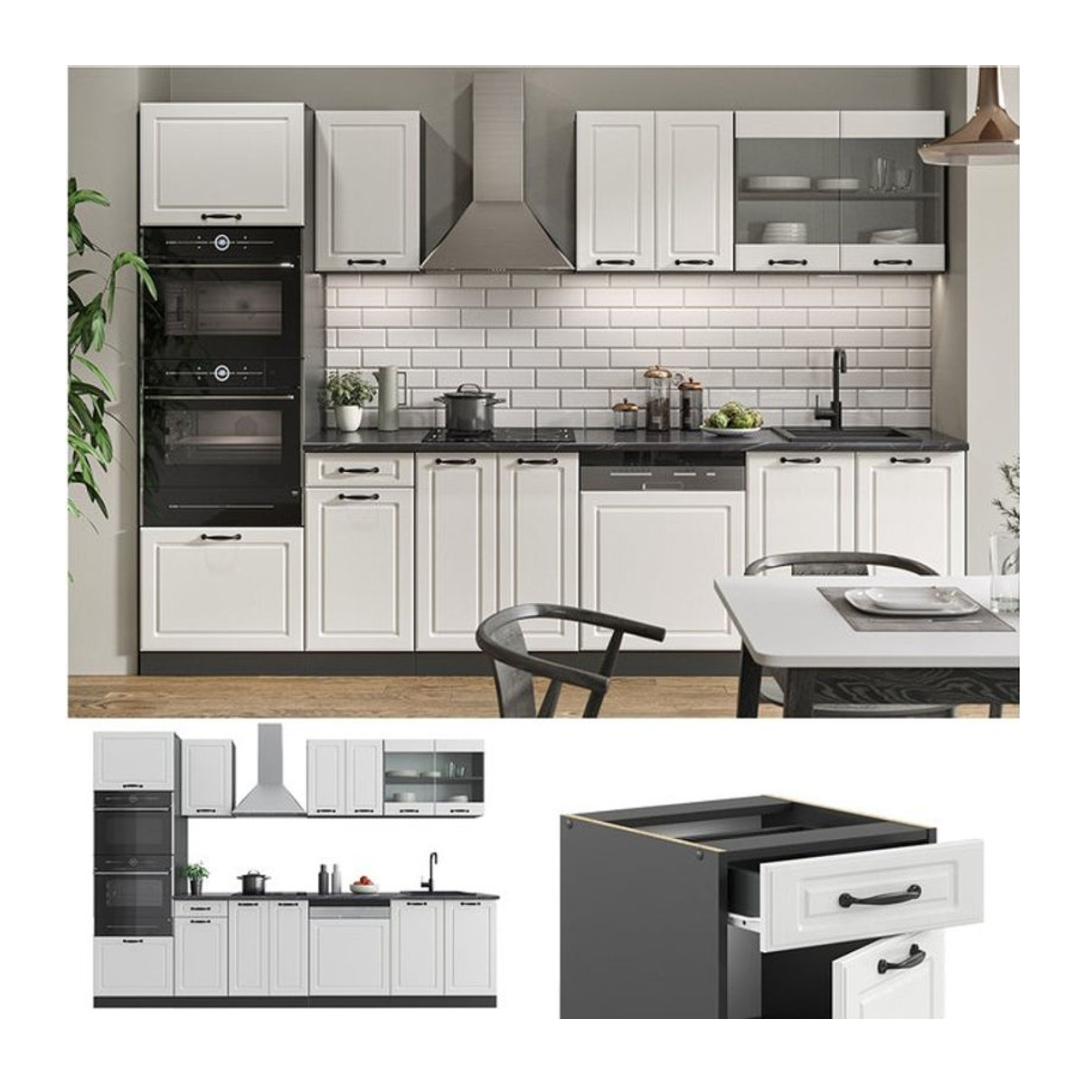 Vicco Küchenzeile R-Line Einbauküche Landhaus Stil in Anthrazit und Weiß mit 300 cm Breite - Bild 1