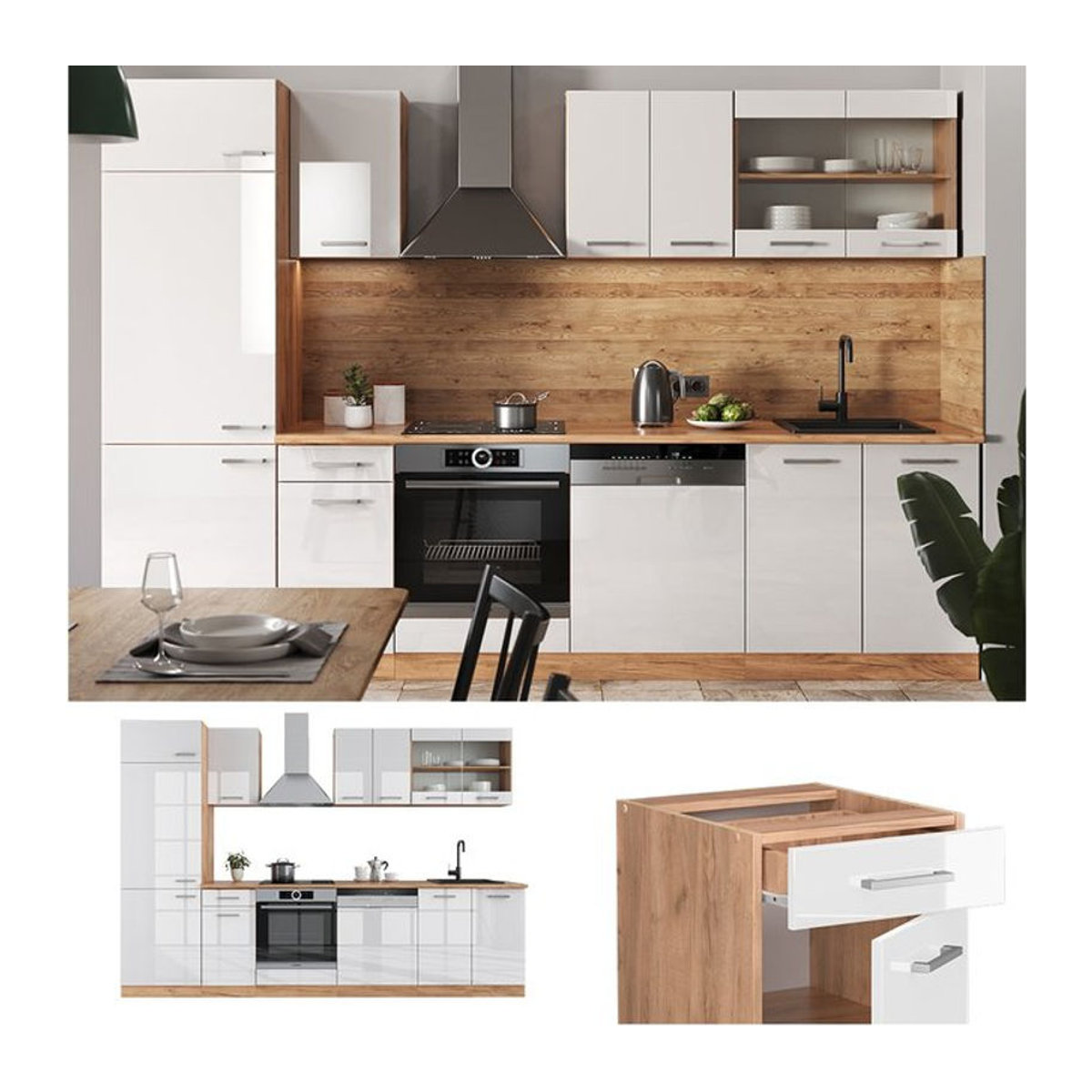 Vicco Küchenzeile R-Line Einbauküche mit Kühlumbauschrank in Weiß, Breite: 300 cm - Bild 1