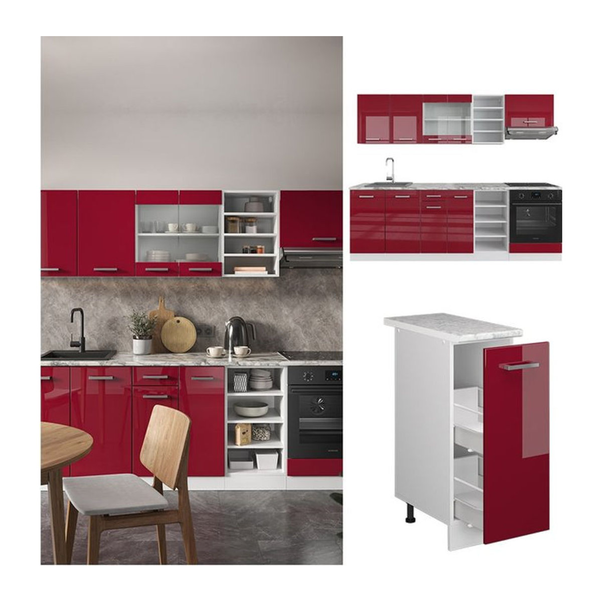 Vicco Küchenzeile R-Line Einbauküche Modern in Weiß und Bordeaux mit Drehtüren, Breite: 240 cm - Bild 1