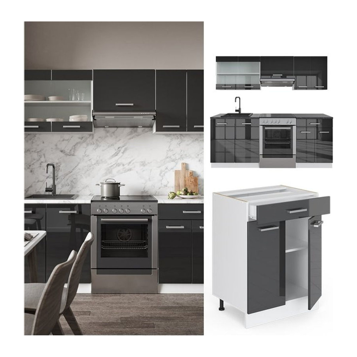 Vicco Küchenzeile R-Line in Anthrazit Hochglanz mit Drehtüren, Breite: 200 cm - Bild 1