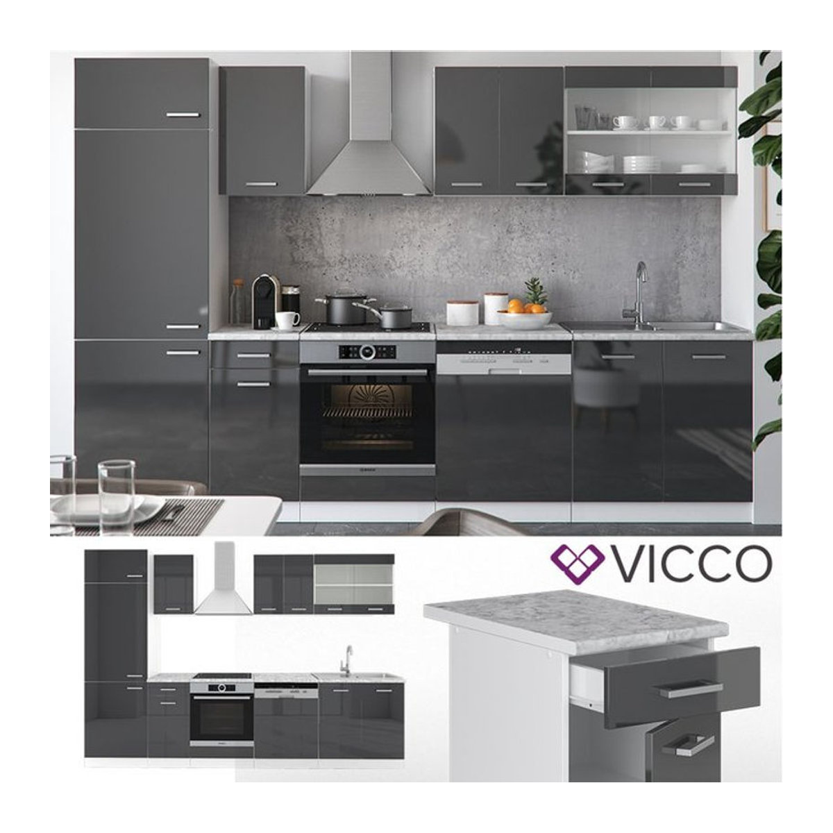 Vicco Küchenzeile R-Line in Anthrazit Hochglanz mit modernen Drehtüren, Breite: 300 cm - Bild 1