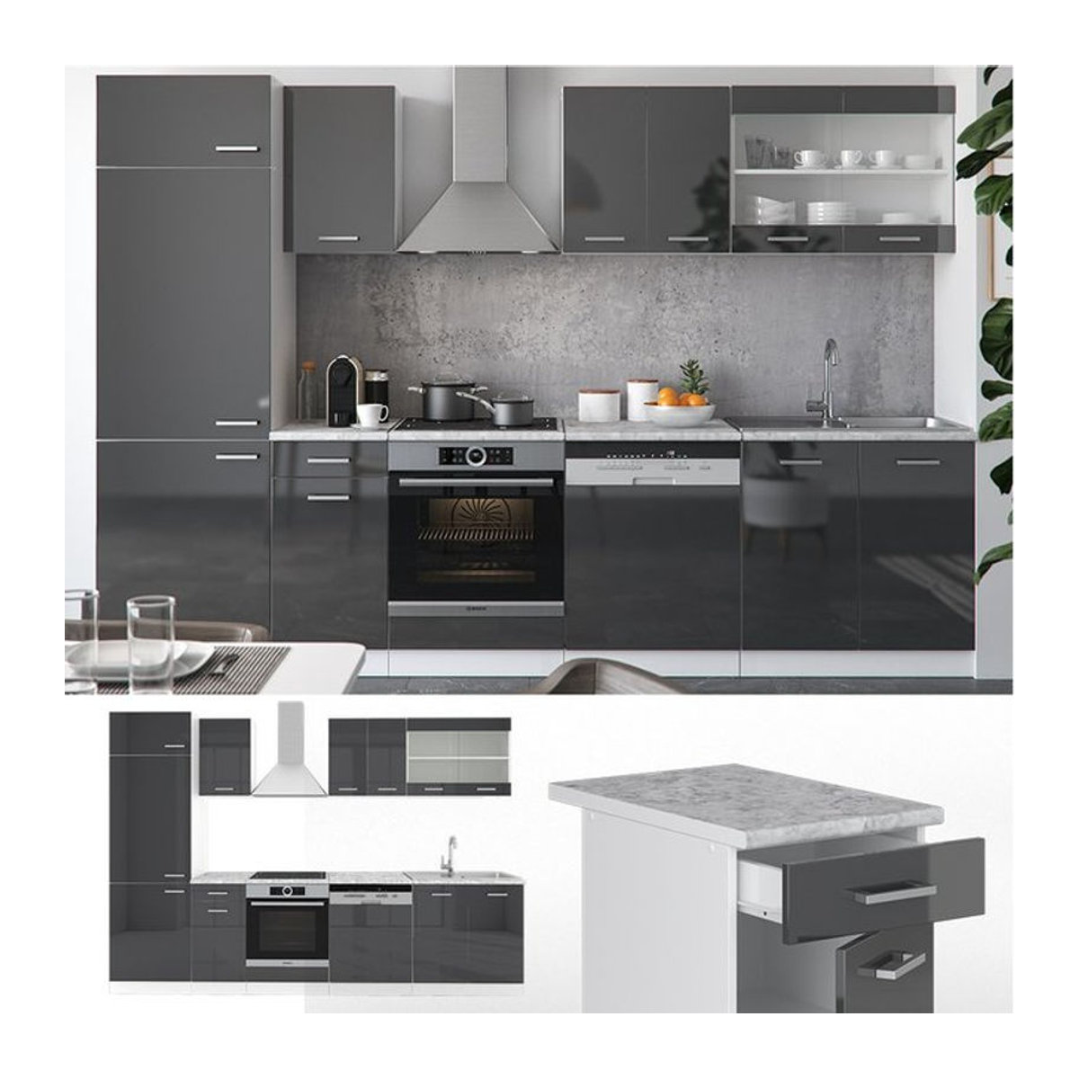 Vicco Küchenzeile R-Line in Anthrazit Hochglanz mit modernen Drehtüren, Breite: 300 cm - Bild 1