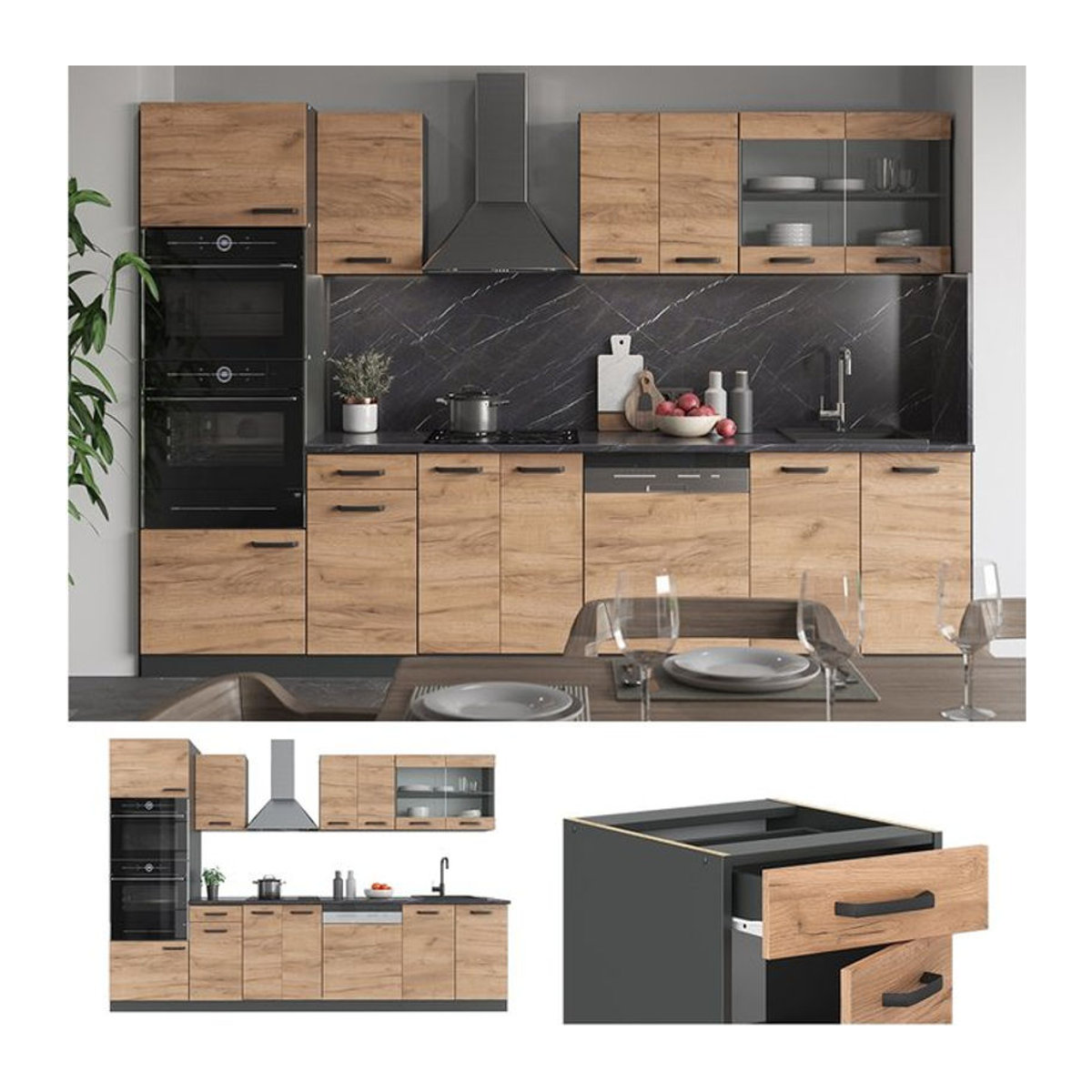 Vicco Küchenzeile R-Line in Anthrazit und Eiche Natur mit modernen Drehtüren, Breite: 300 cm - Bild 1