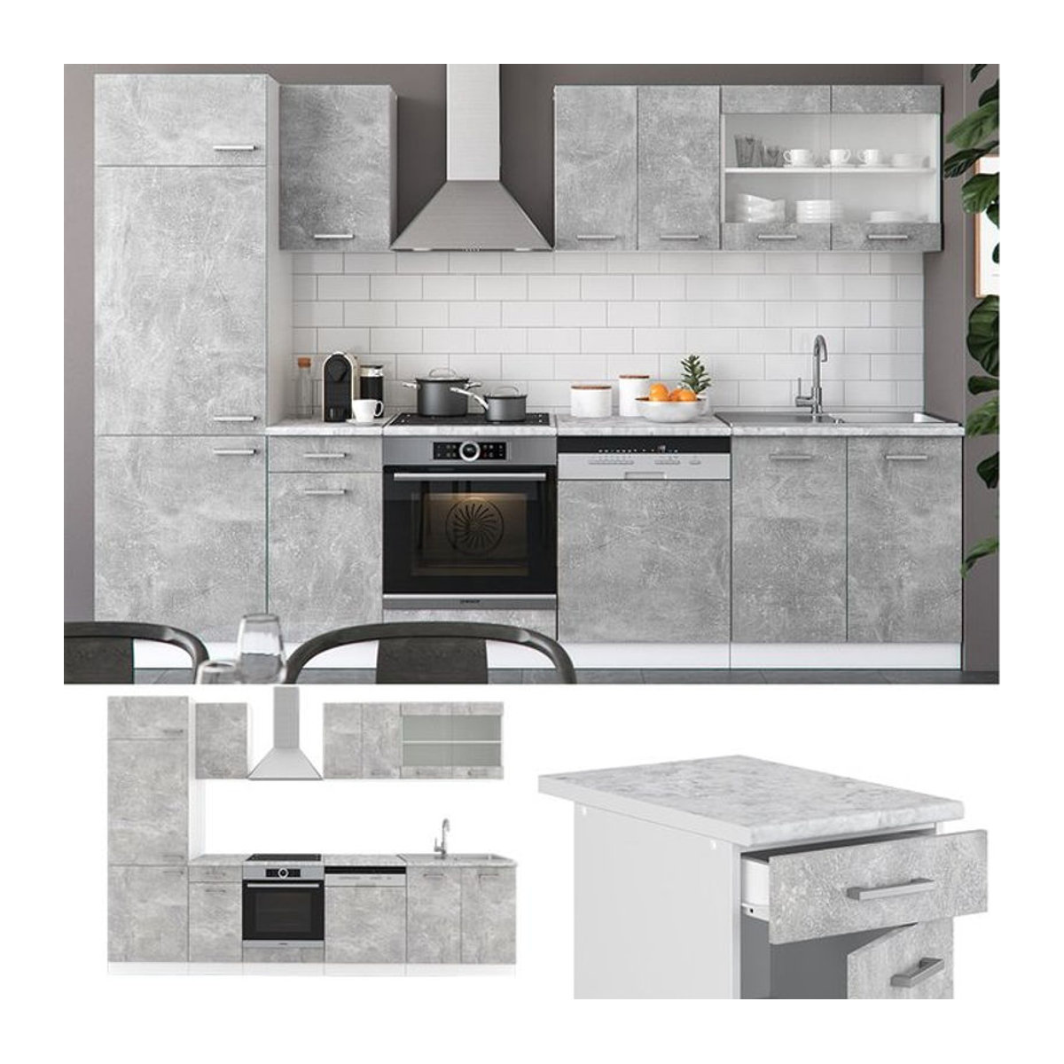 Vicco Küchenzeile R-Line in Beton-Optik Grau, 300 cm Breite, moderne Einbauküche mit Drehtüren ohne Arbeitsplatte - Bild 1