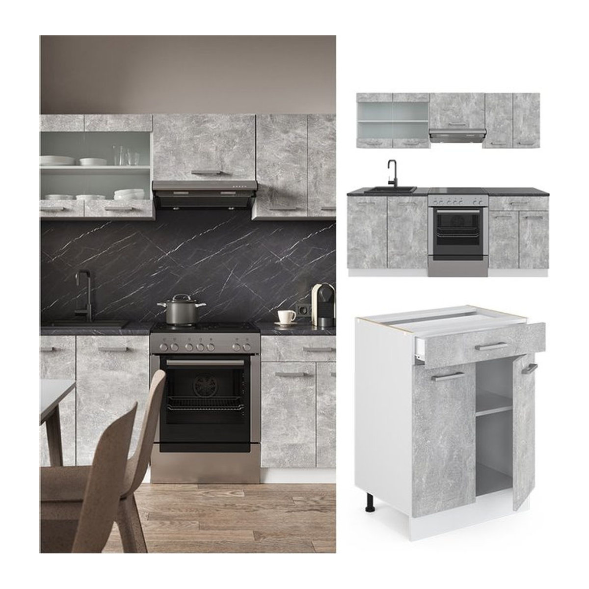 Vicco Küchenzeile R-Line in Beton-Optik Grau mit Drehtüren, Breite: 200 cm - Bild 1