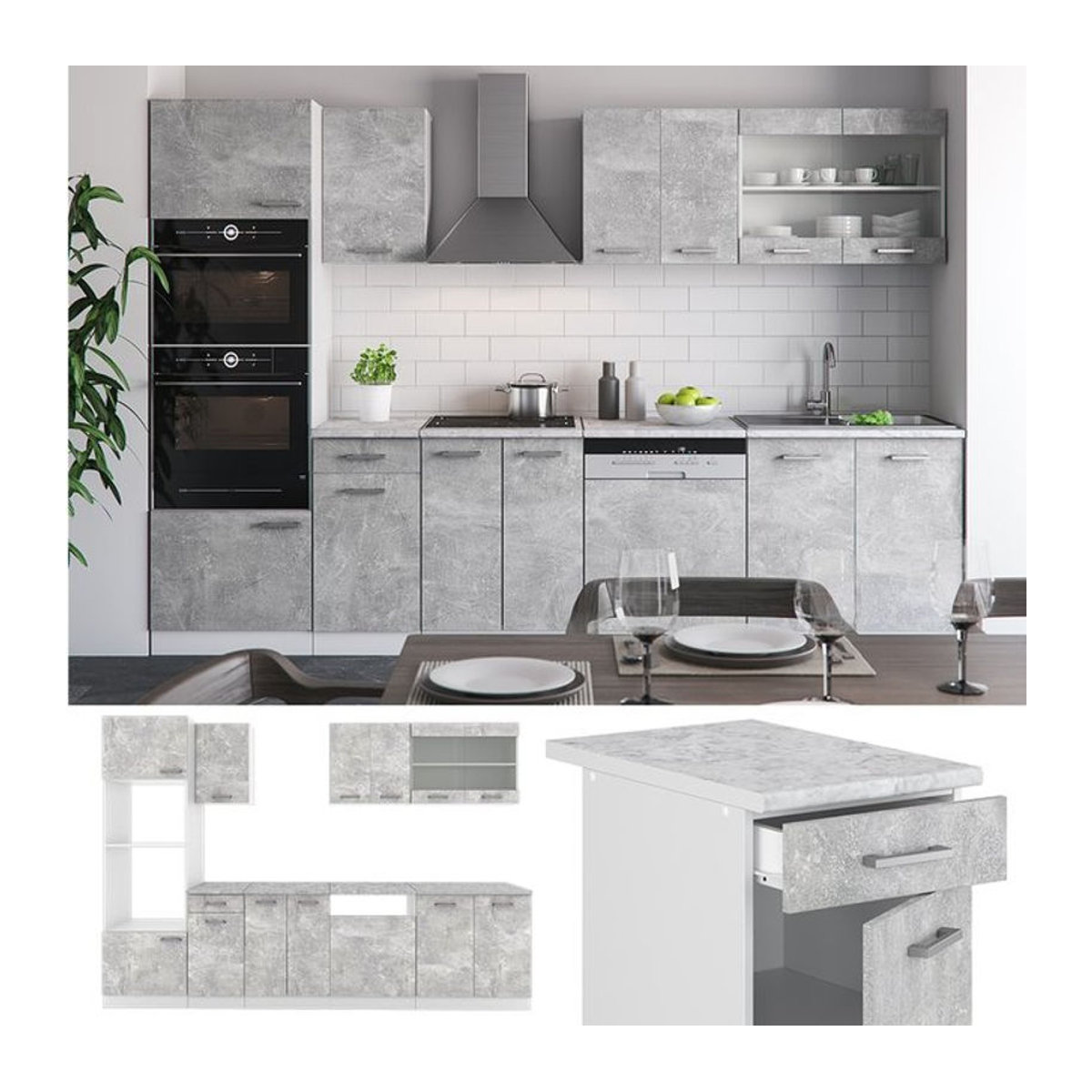 Vicco Küchenzeile R-Line in Beton-Optik mit Marmor-Arbeitsplatte, Modern, Breite: 300 cm - Bild 1
