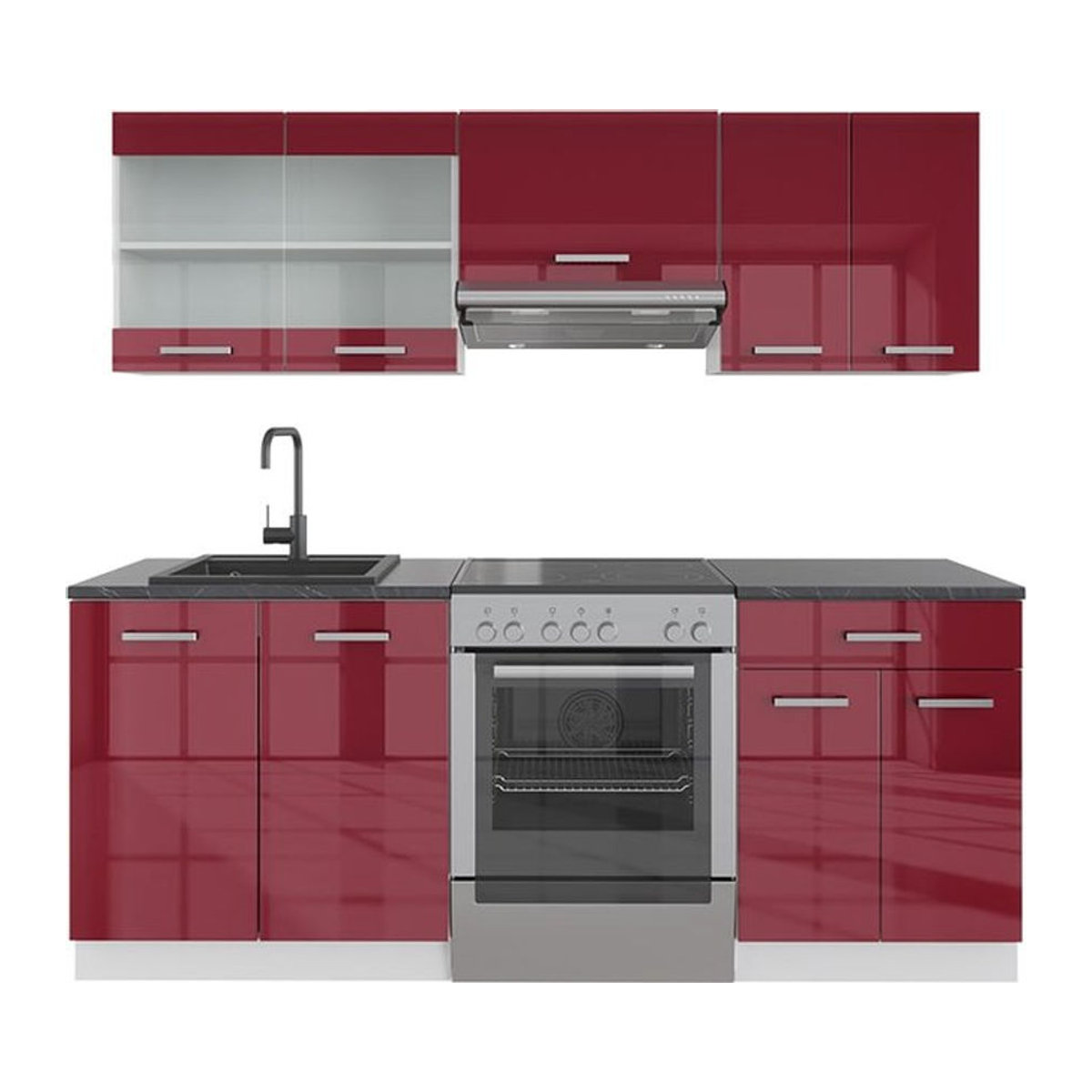 Vicco Küchenzeile R-Line in Bordeaux Hochglanz Modern mit Drehtüren Breite: 200 cm - Bild 1