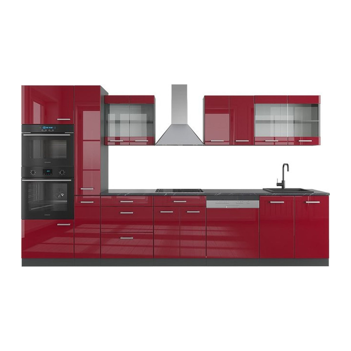 Vicco Küchenzeile R-Line in Bordeaux Hochglanz und Anthrazit mit Hochschrank, Breite: 350 cm - Bild 1