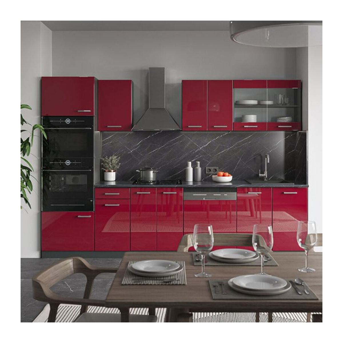Vicco Küchenzeile R-Line in Bordeaux und Anthrazit Hochglanz, Breite: 300 cm - Bild 1