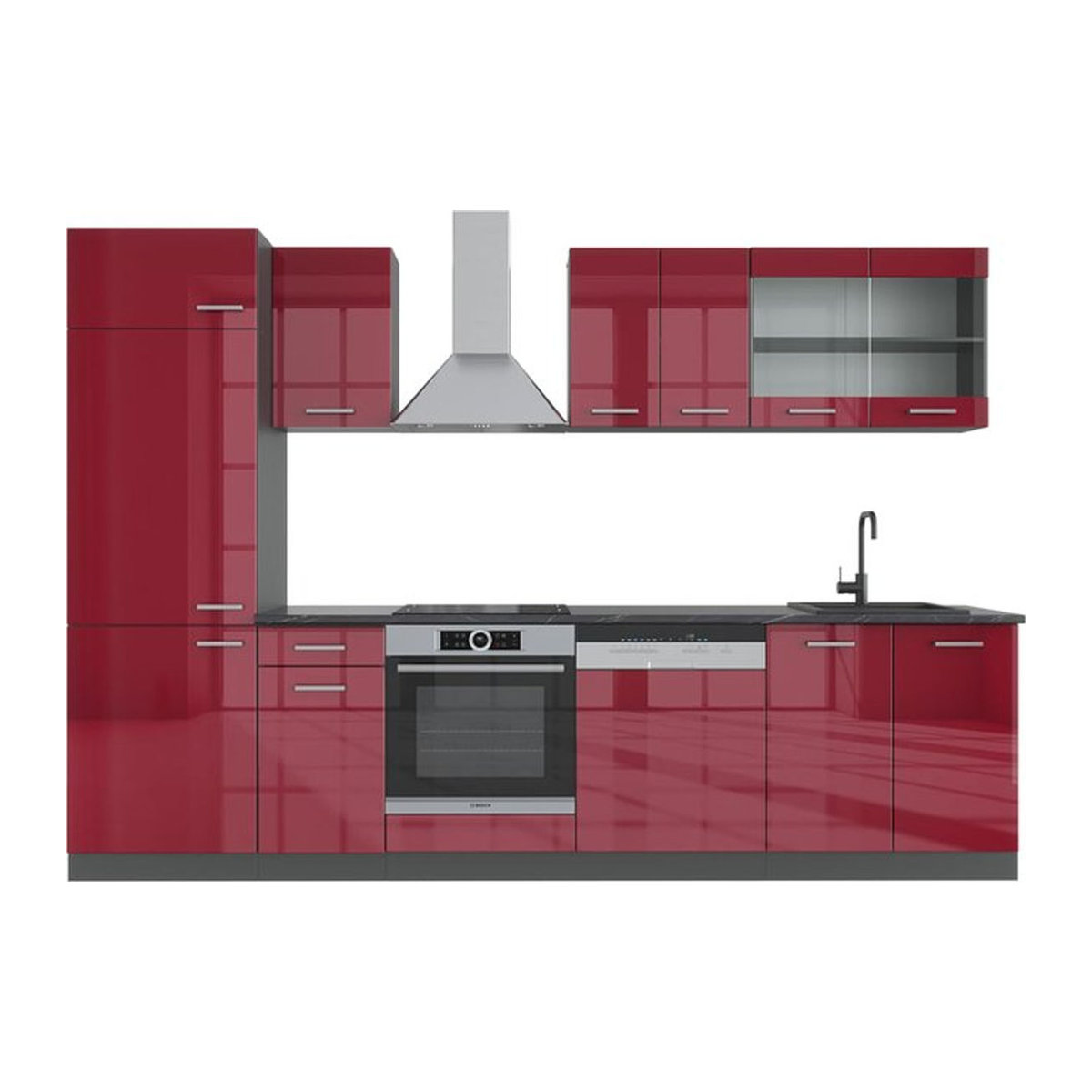 Vicco Küchenzeile R-Line in Bordeaux und Anthrazit Hochglanz, Breite: 300 cm - Bild 1