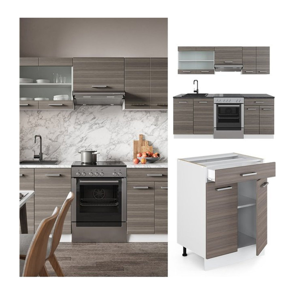 Vicco Küchenzeile R-Line in Edelgrau und Weiß mit Marmor-Optik, Breite: 200 cm - Bild 1