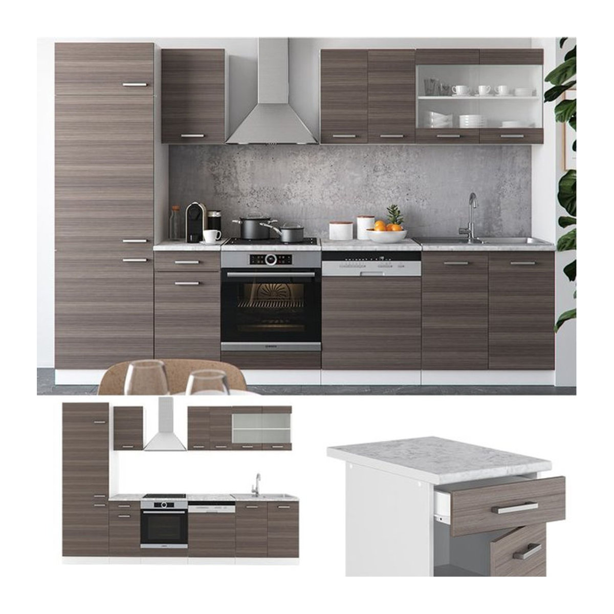 Vicco Küchenzeile R-Line in Grau und Weiß, 300 cm Breite - Bild 1