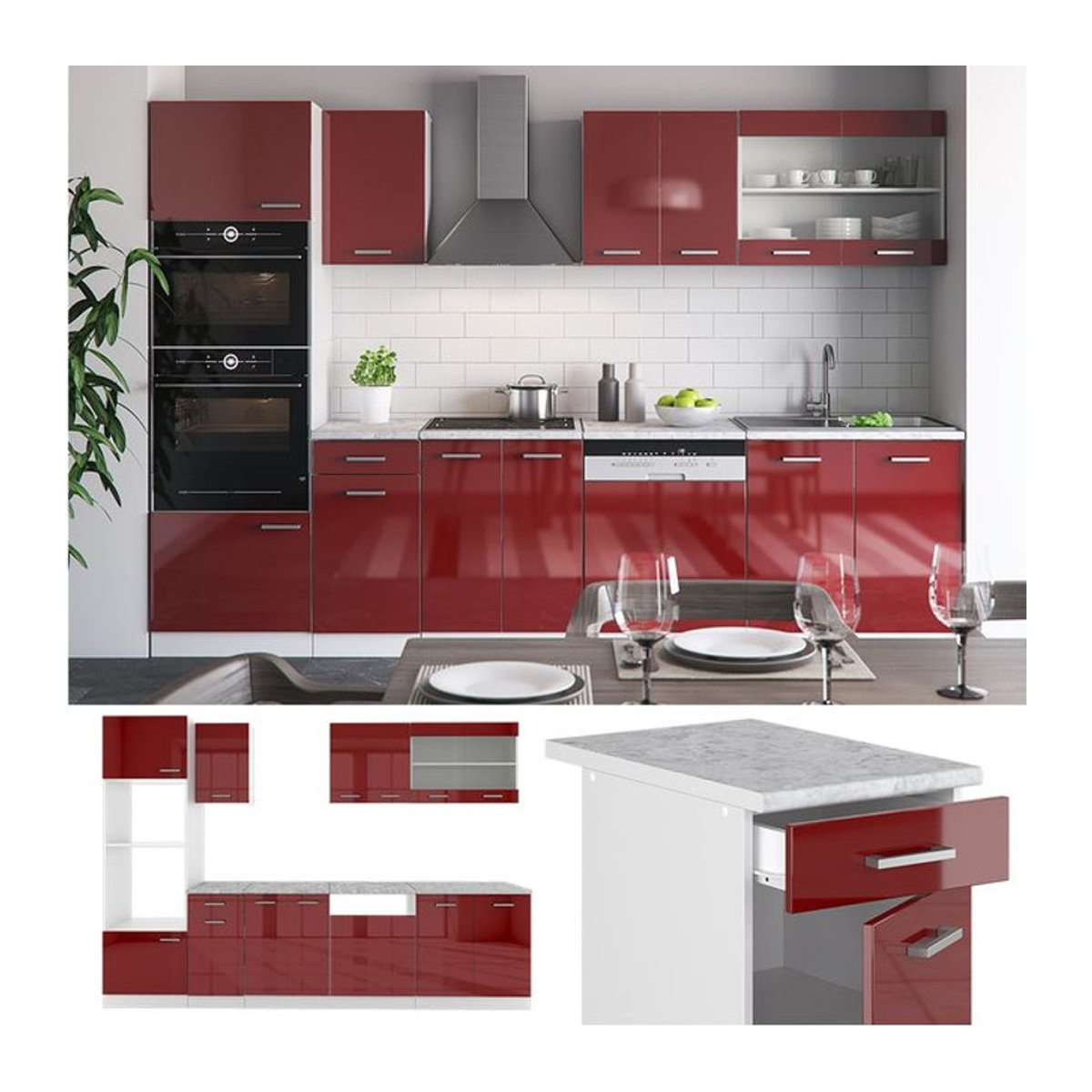 Vicco Küchenzeile R-Line in Rot Bordeaux Hochglanz mit Drehtüren, Breite: 300 cm - Bild 1