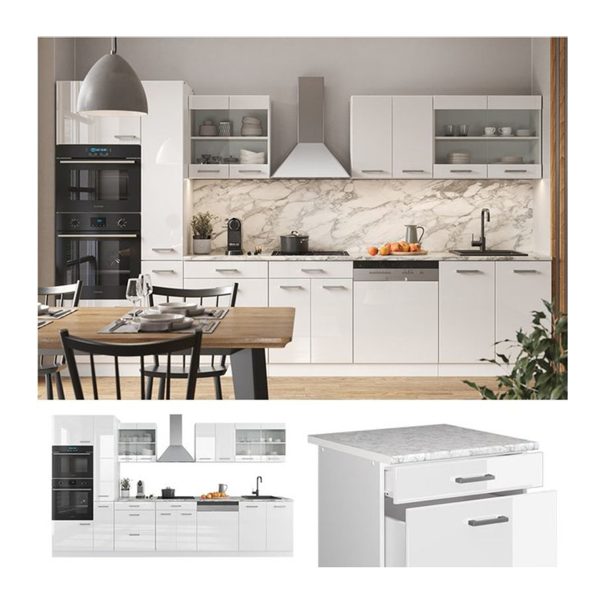 Vicco Küchenzeile R-Line in Weiß Hochglanz mit Hochschrank und Arbeitsplatte in Marmor-Optik, Breite: 350 cm - Bild 1