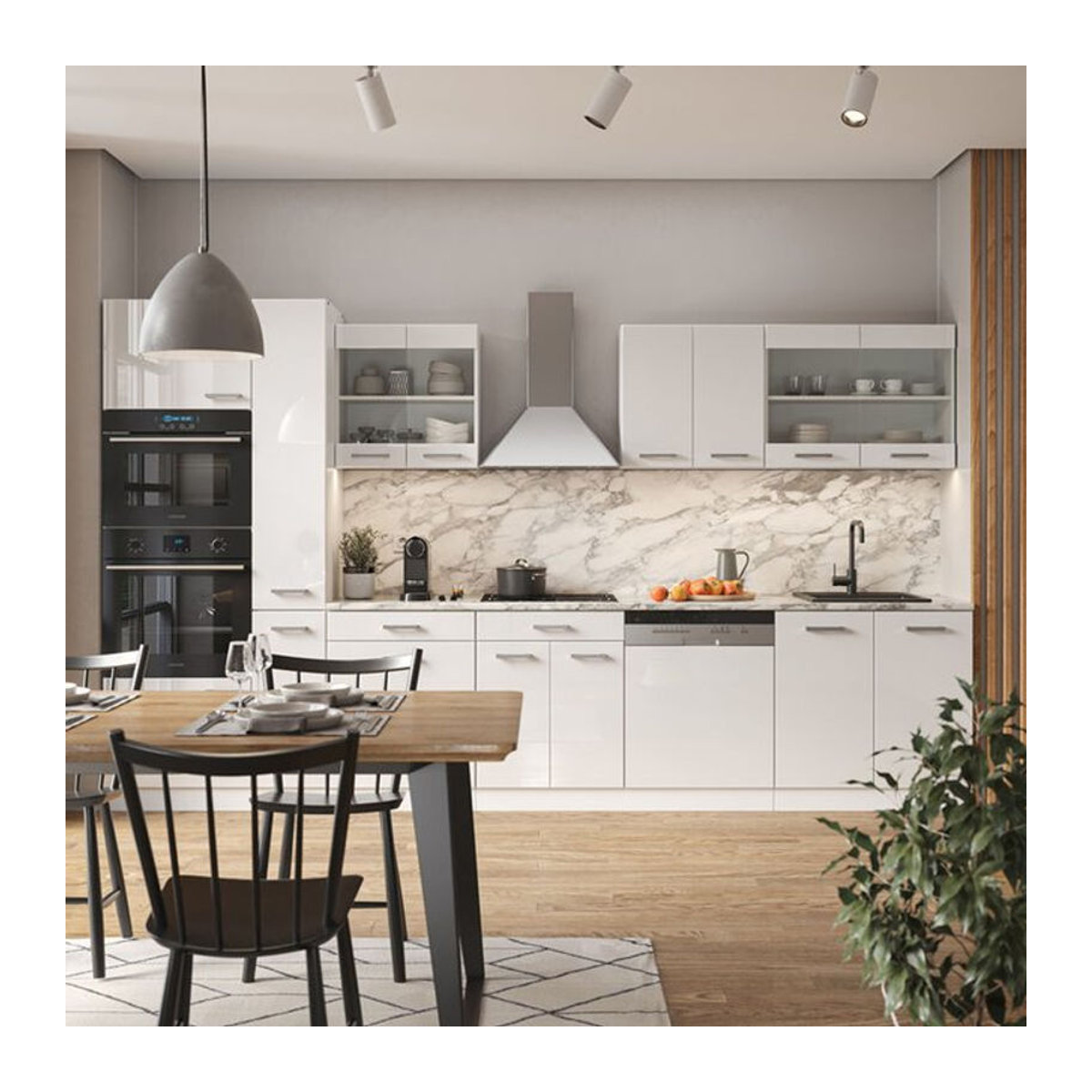 Vicco Küchenzeile R-Line in Weiß Hochglanz mit Hochschrank und Arbeitsplatte in Marmor-Optik, Breite: 350 cm - Bild 2