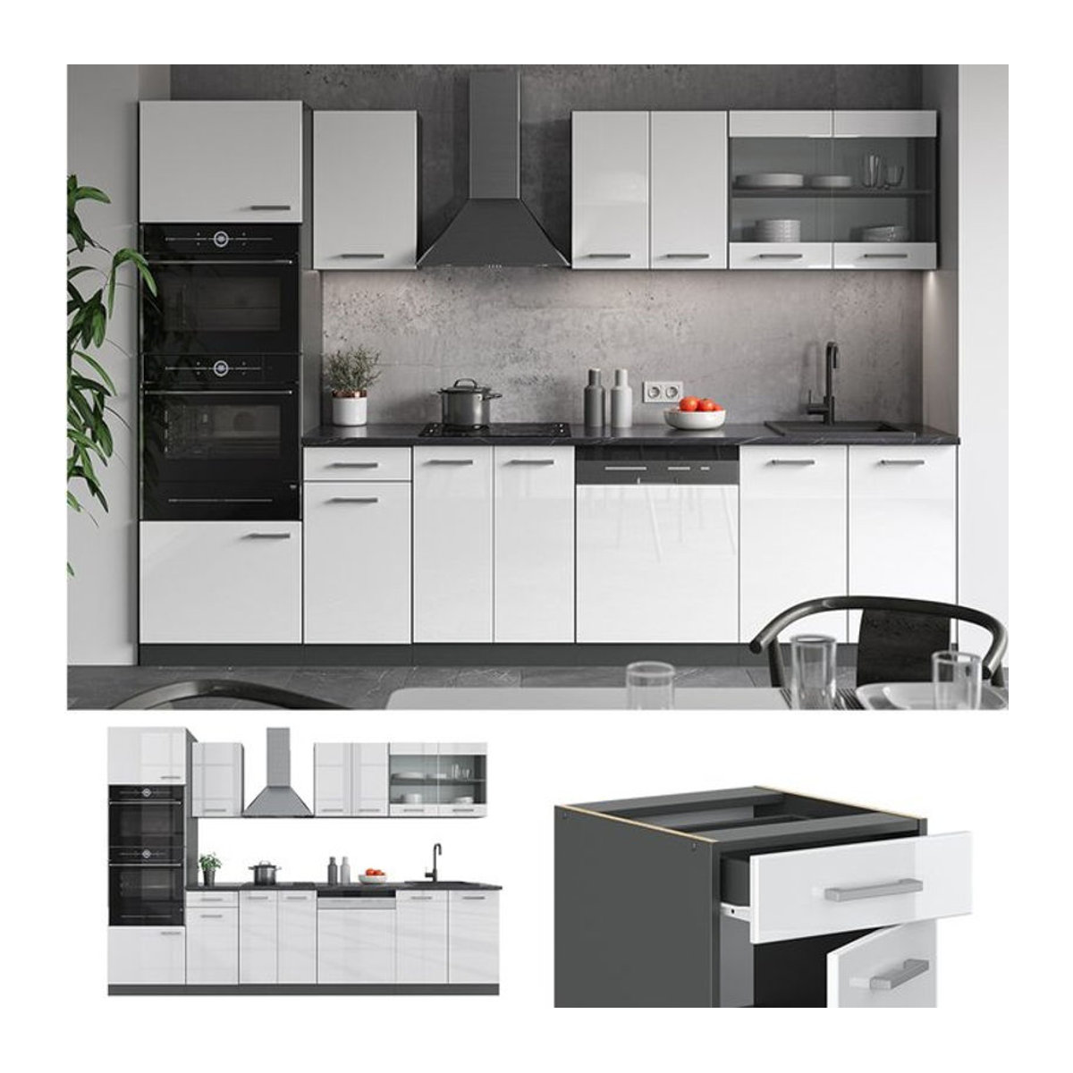 Vicco Küchenzeile R-Line in Weiß Hochglanz und Anthrazit, 300 cm Breite - Bild 1