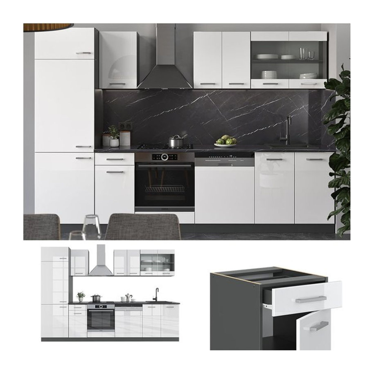 Vicco Küchenzeile R-Line in Weiß Hochglanz und Anthrazit mit 300 cm Breite - Bild 1